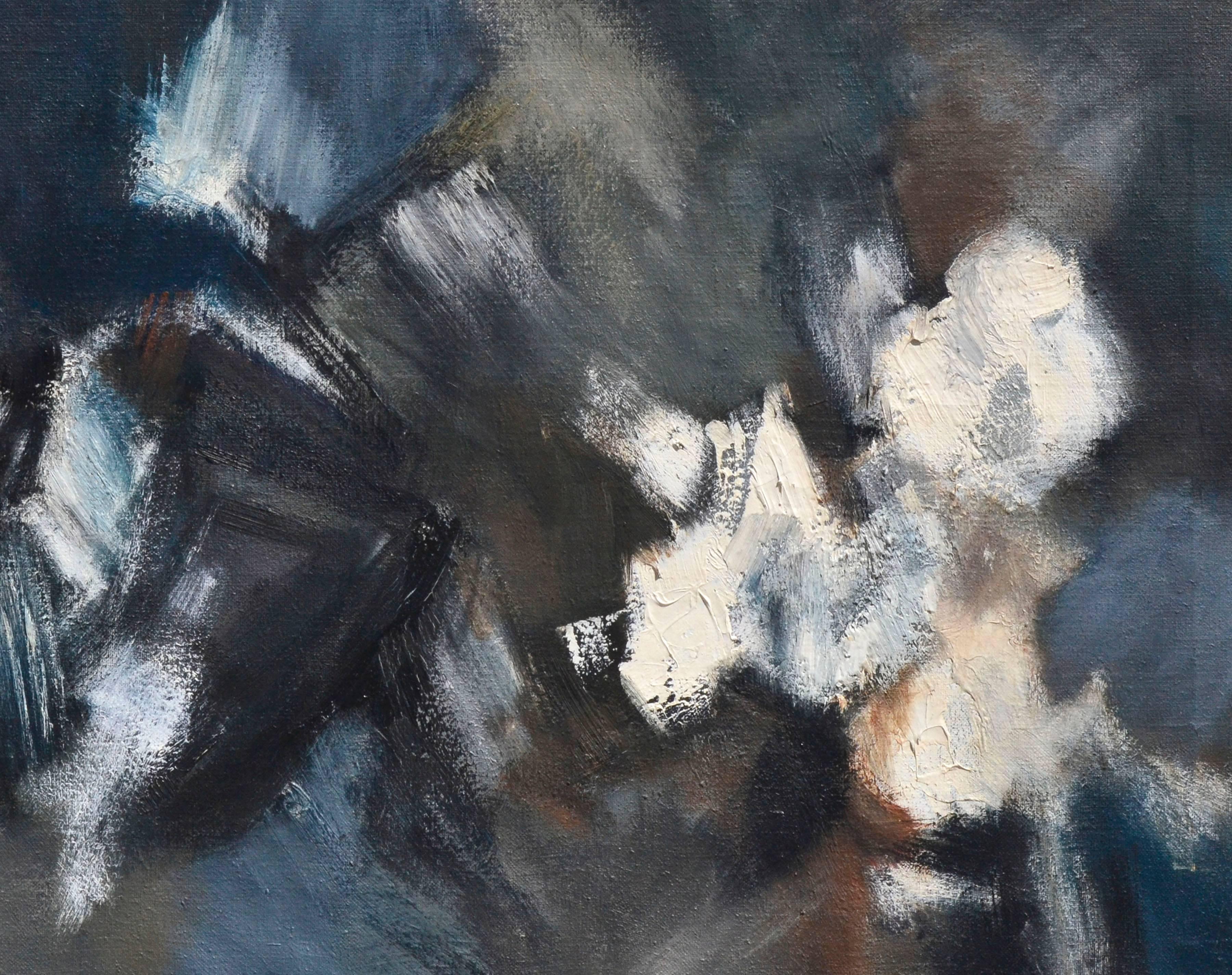 Mid-Century Blau, Weiß, Schwarz A Space Abstract – Painting von Katherine Hu Fan