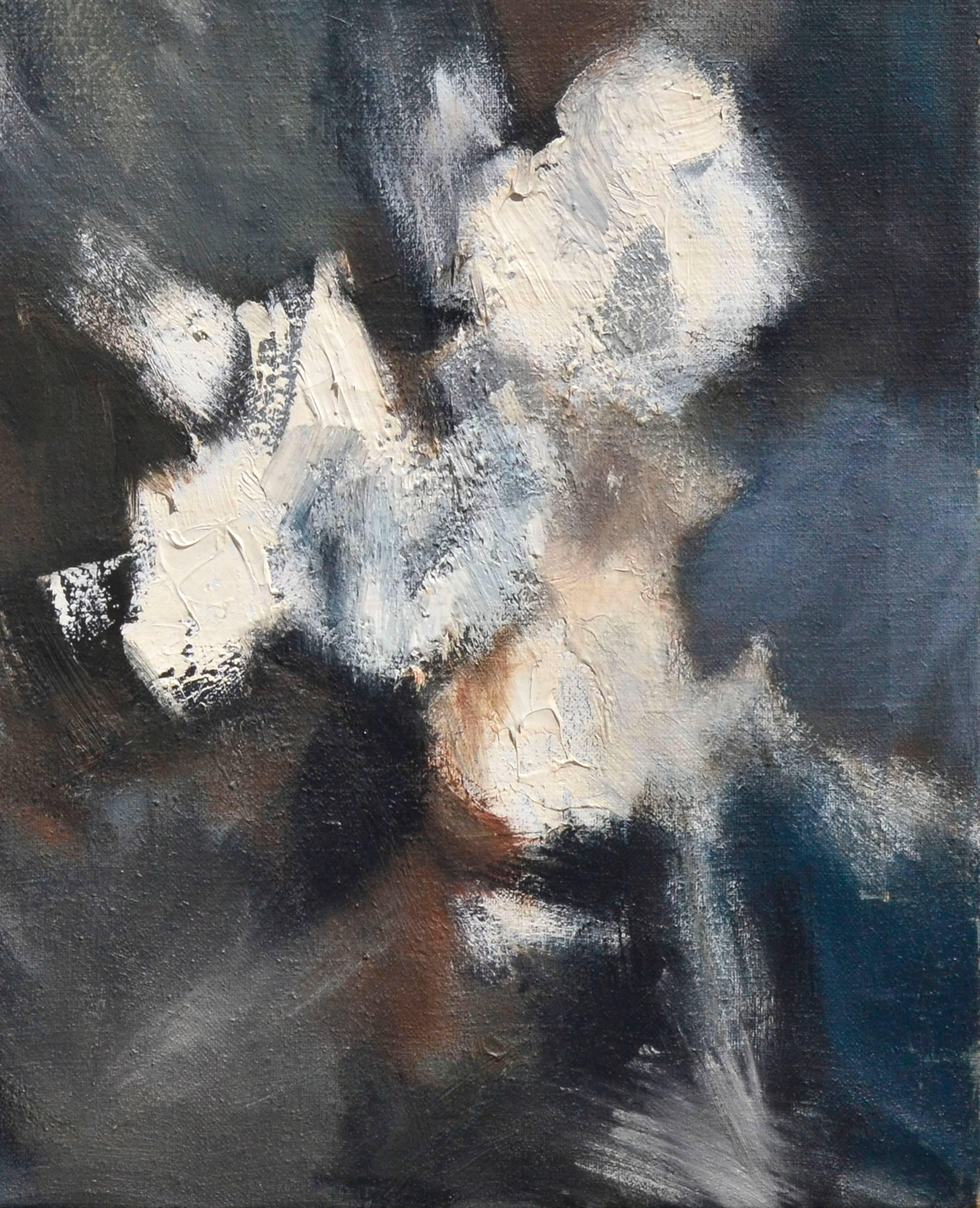 Ein blaues, weißes und schwarzes abstraktes Werk von Katherine Hu Fan (chinesische Amerikanerin), im Stil ihrer früheren abstrakten Arbeiten. Vom Künstler signiert und datiert: 