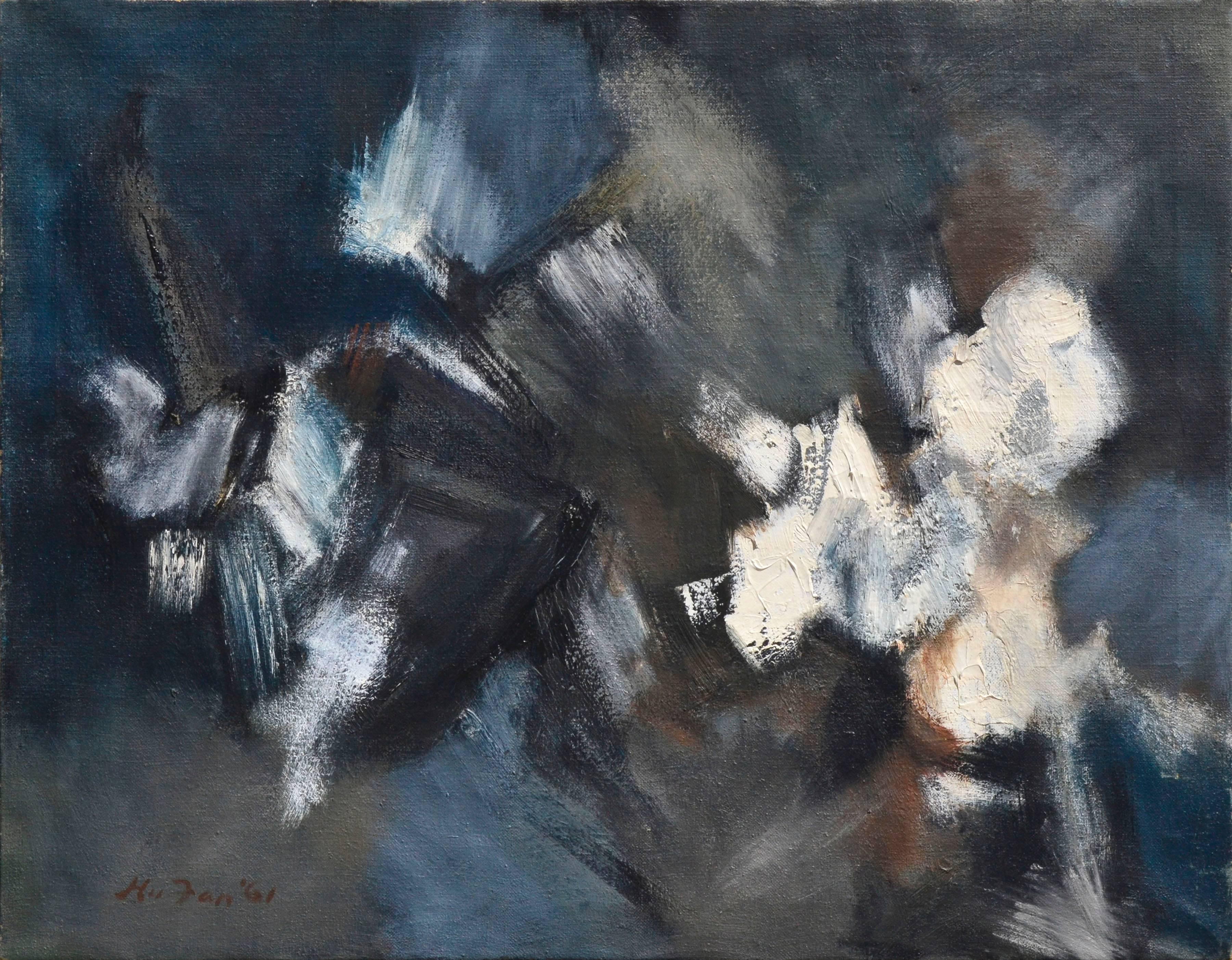 Katherine Hu Fan Abstract Painting - Mid-Century Blue, White, Black Space Abstract 