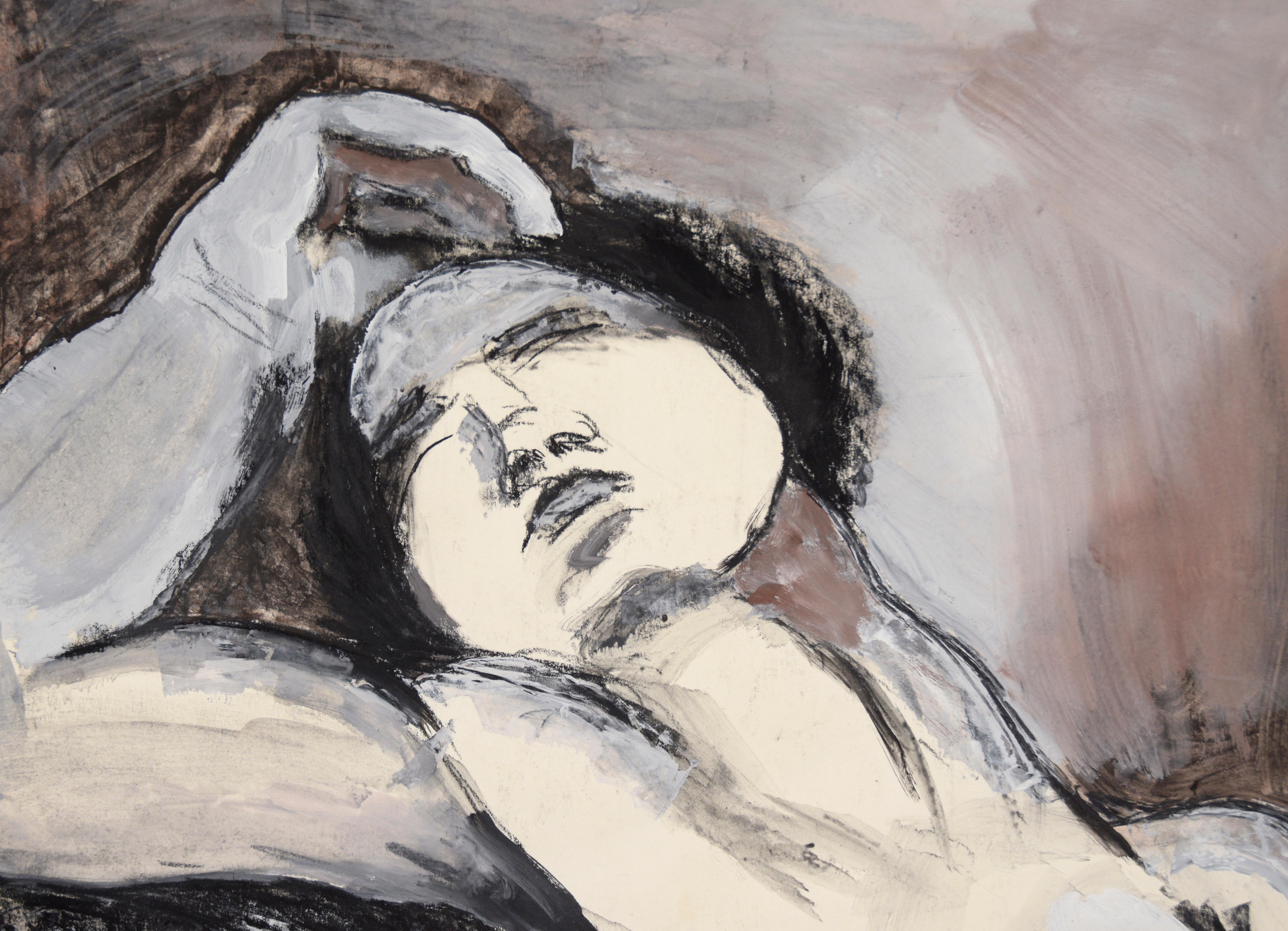 Black and White Nude Woman in Acrylic, Gouache, and Charcoal on Paper - Painting by Katherine Kallick