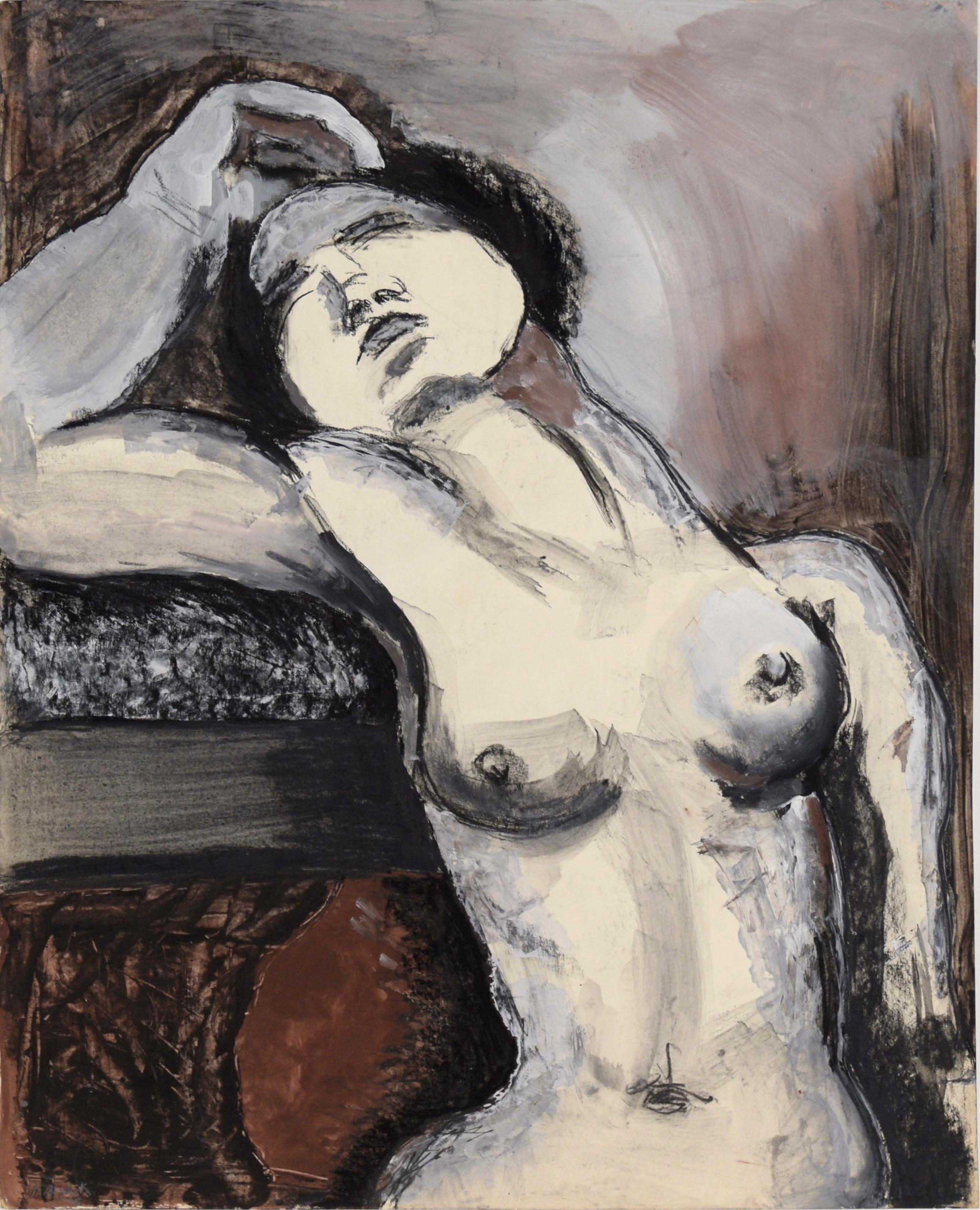 Femme nue en noir et blanc à l'acrylique, à la gouache et au fusain sur papier