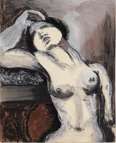 Vintage Black and White Nude Woman in Acrylic, Gouache, and Charcoal on Paper