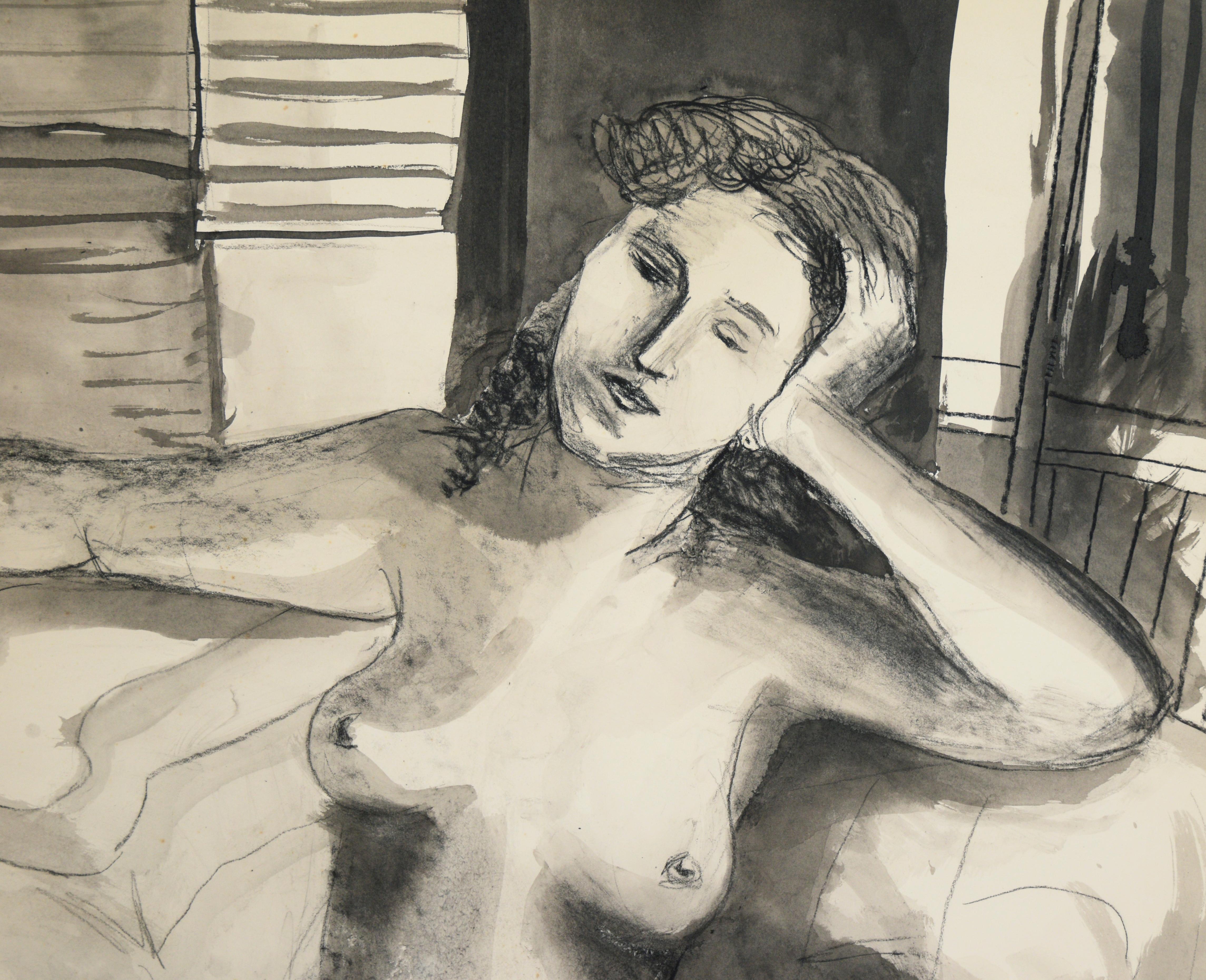 Figurative Nude Study - Watercolor and Charcoal on Paper - Painting by Katherine Kallick