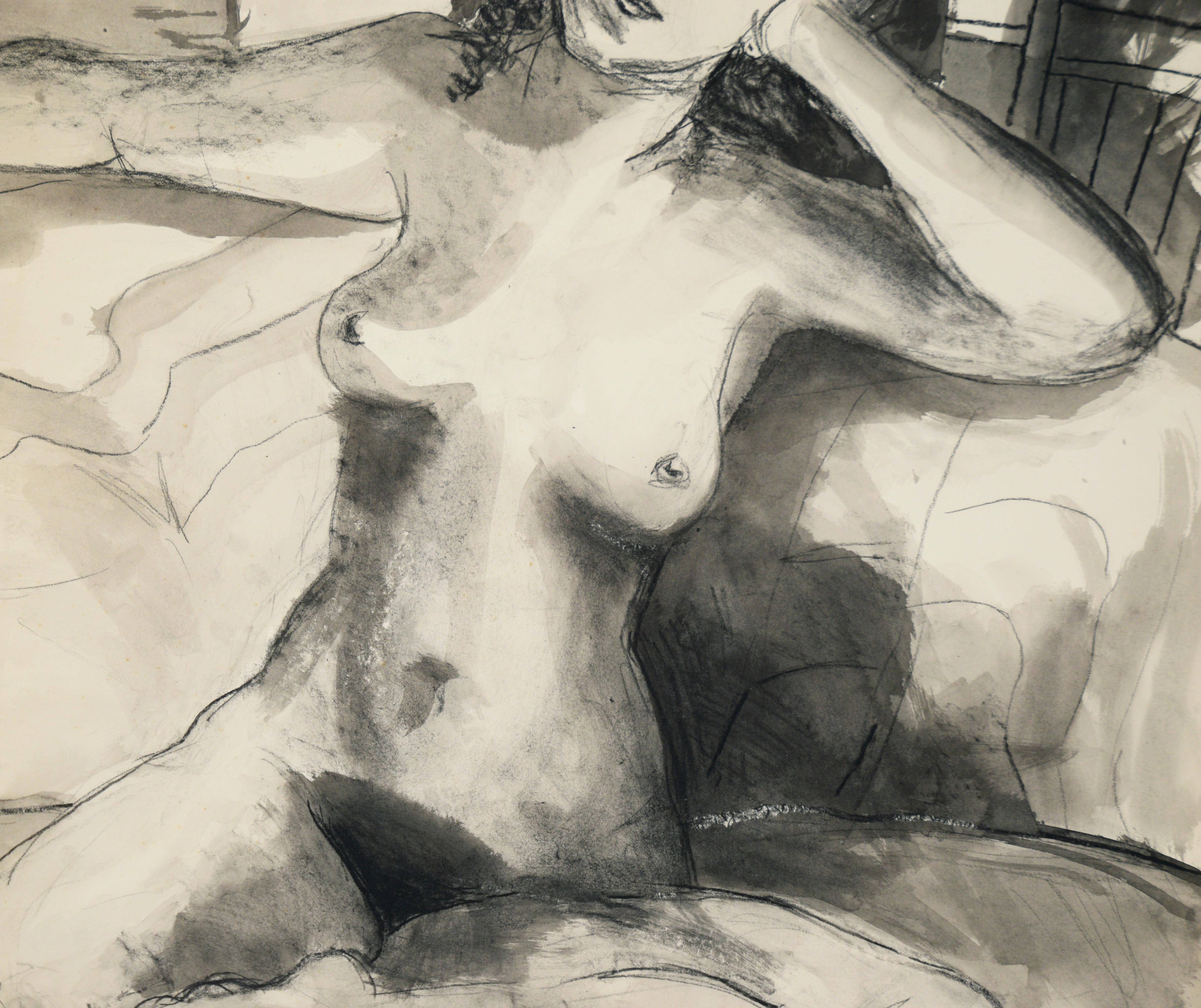 Figurative Nude Study - Watercolor and Charcoal on Paper - Abstract Expressionist Painting by Katherine Kallick