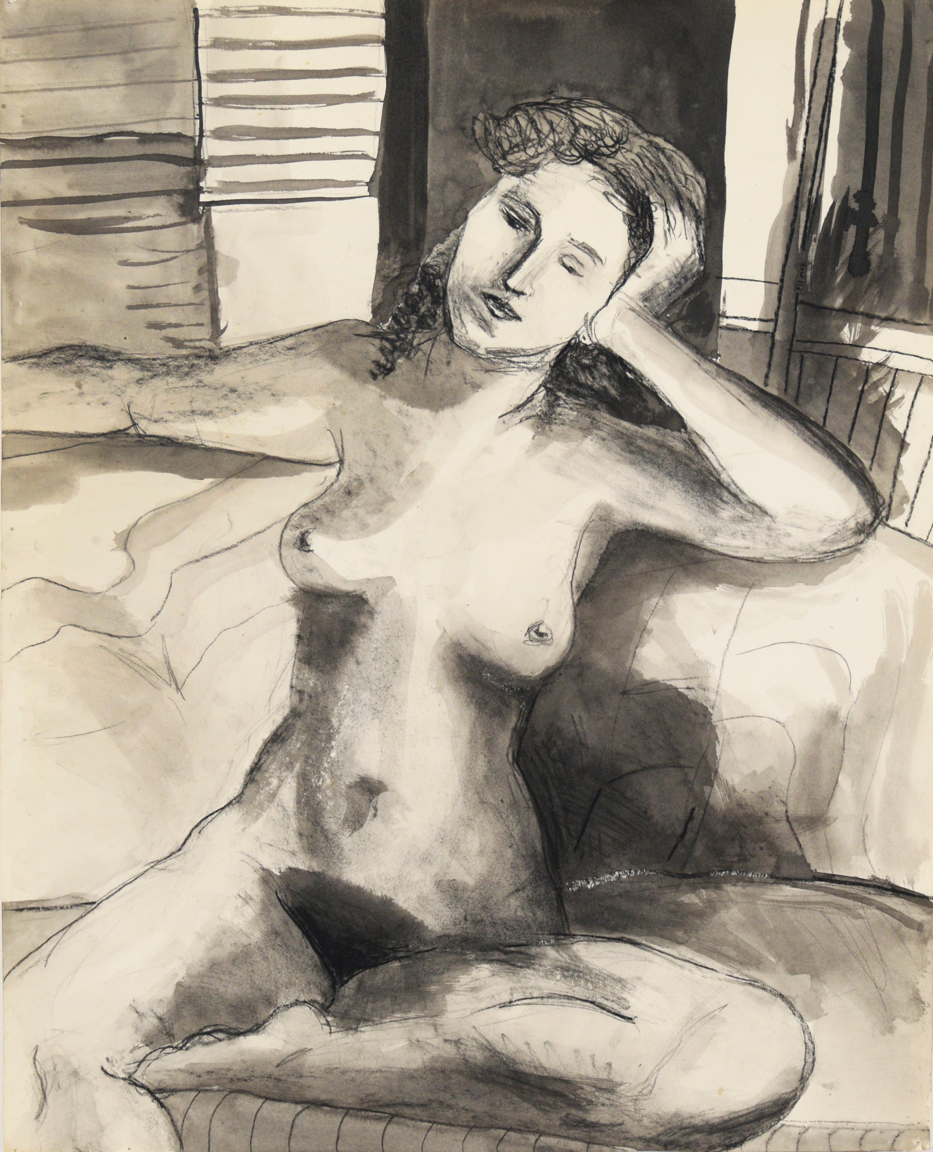 Katherine Kallick Figurative Painting - Figurative Nude Study - Watercolor and Charcoal on Paper