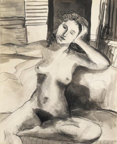 Retro Figurative Nude Study - Watercolor and Charcoal on Paper