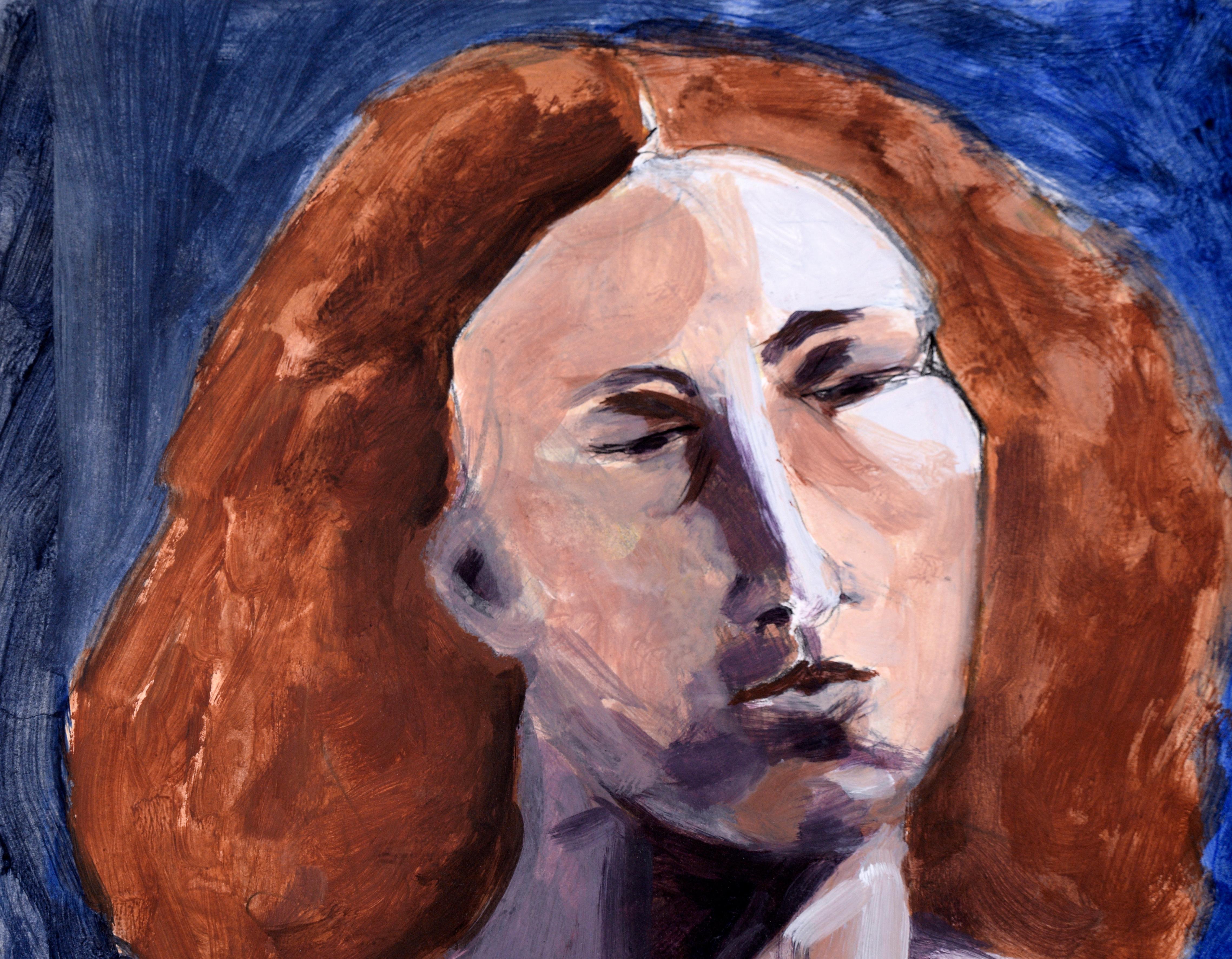 Long, Red-Haired Portrait of a Man - Acrylic on Paper in the style of Modigliani - Painting by Katherine Kallick