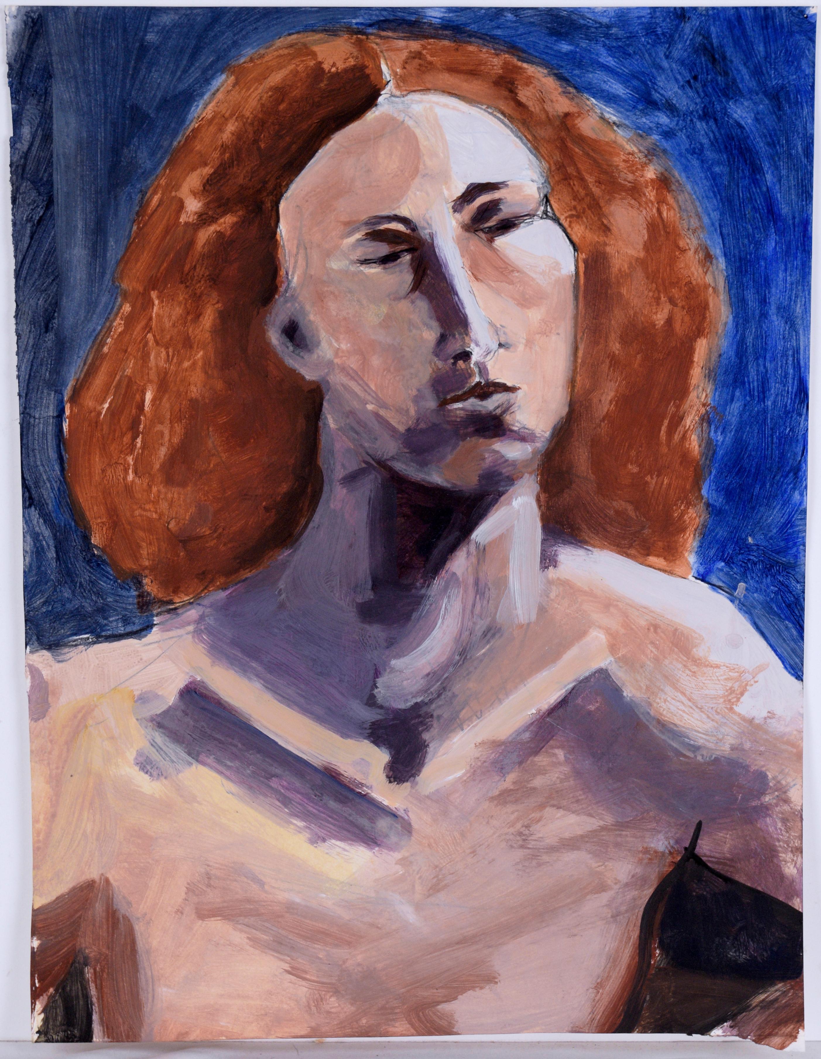 Katherine Kallick Figurative Painting - Long, Red-Haired Portrait of a Man - Acrylic on Paper in the style of Modigliani