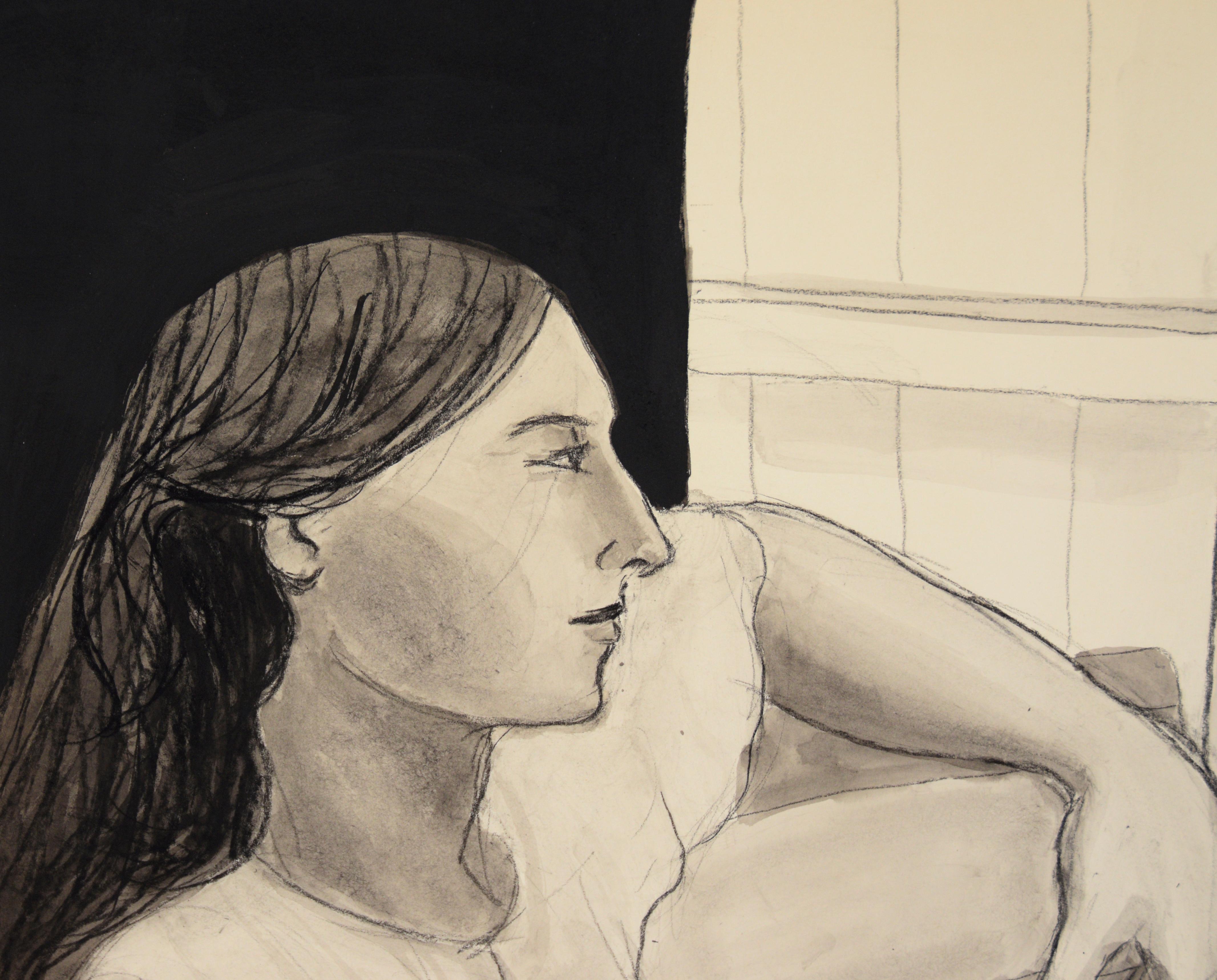 Model with Mandolin in Ink and Charcoal on Paper - Painting by Katherine Kallick