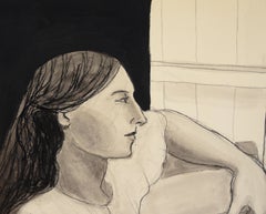 Model with Mandolin in Ink and Charcoal on Paper