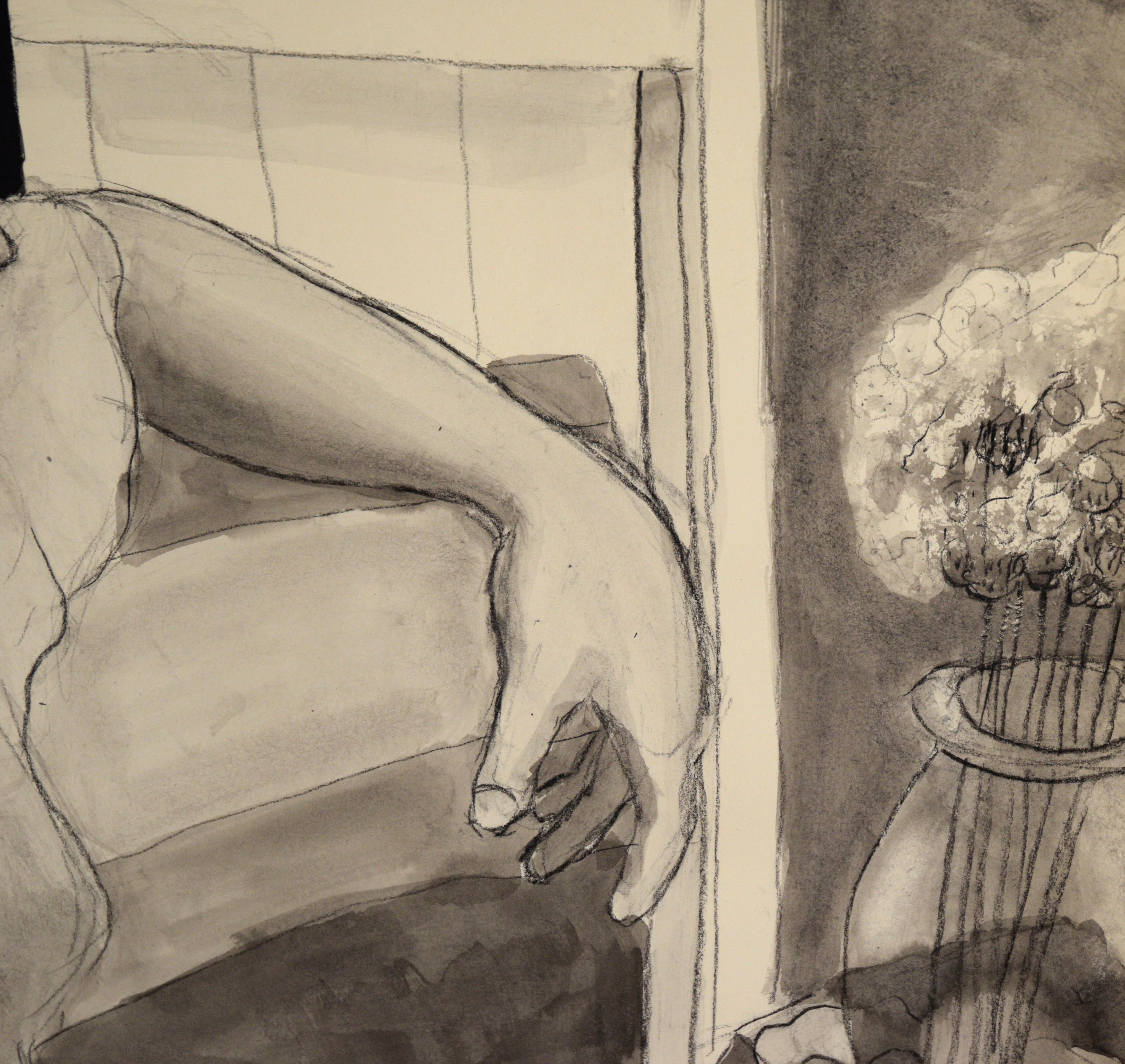 Model with Mandolin in Ink and Charcoal on Paper - Contemporary Painting by Katherine Kallick