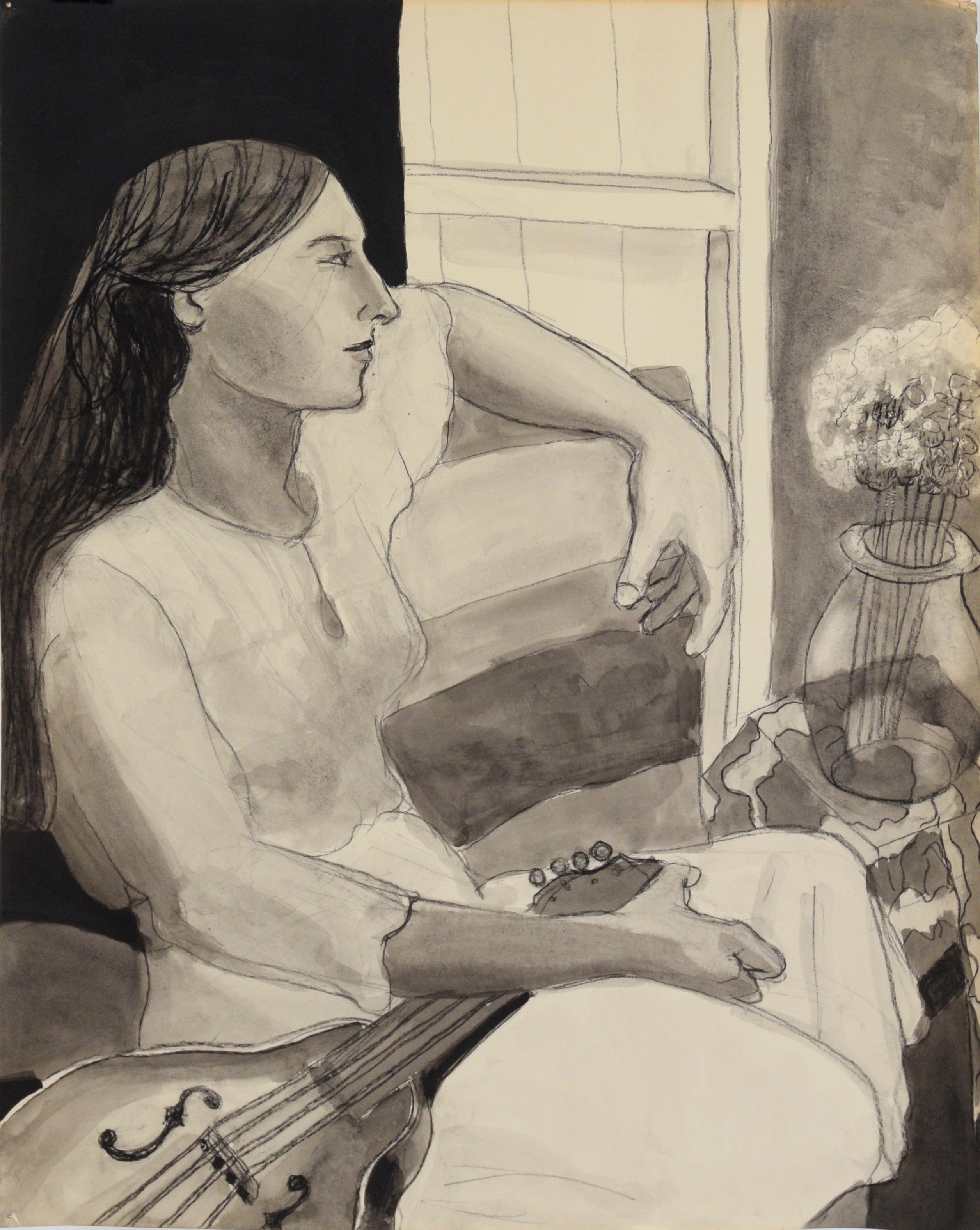 Model with Mandolin in Ink and Charcoal on Paper