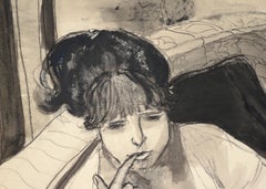 Model with Unbuttoned Blouse in Ink and Charcoal on Paper