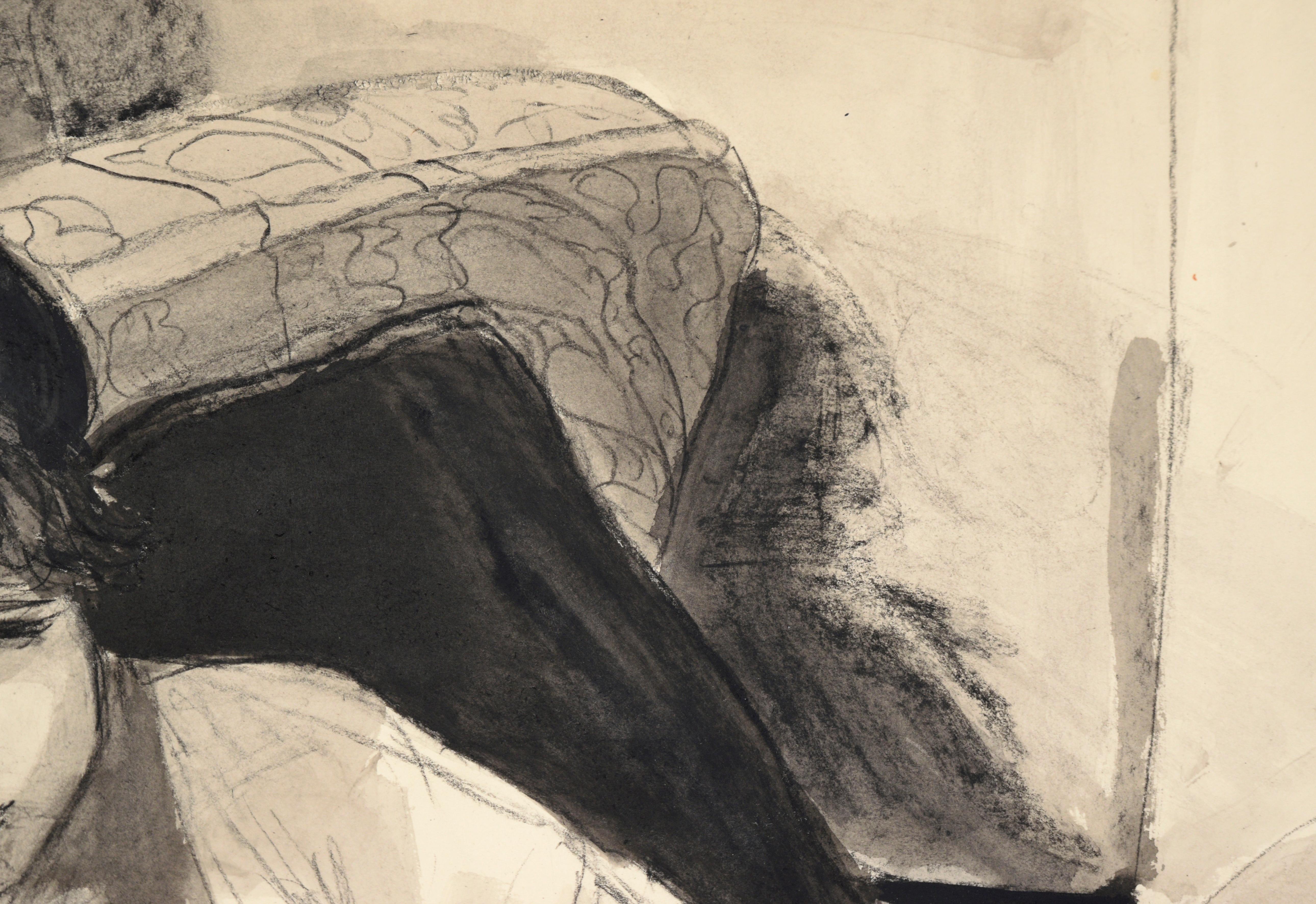Model with Unbuttoned Blouse in Ink and Charcoal on Paper - Contemporary Painting by Katherine Kallick