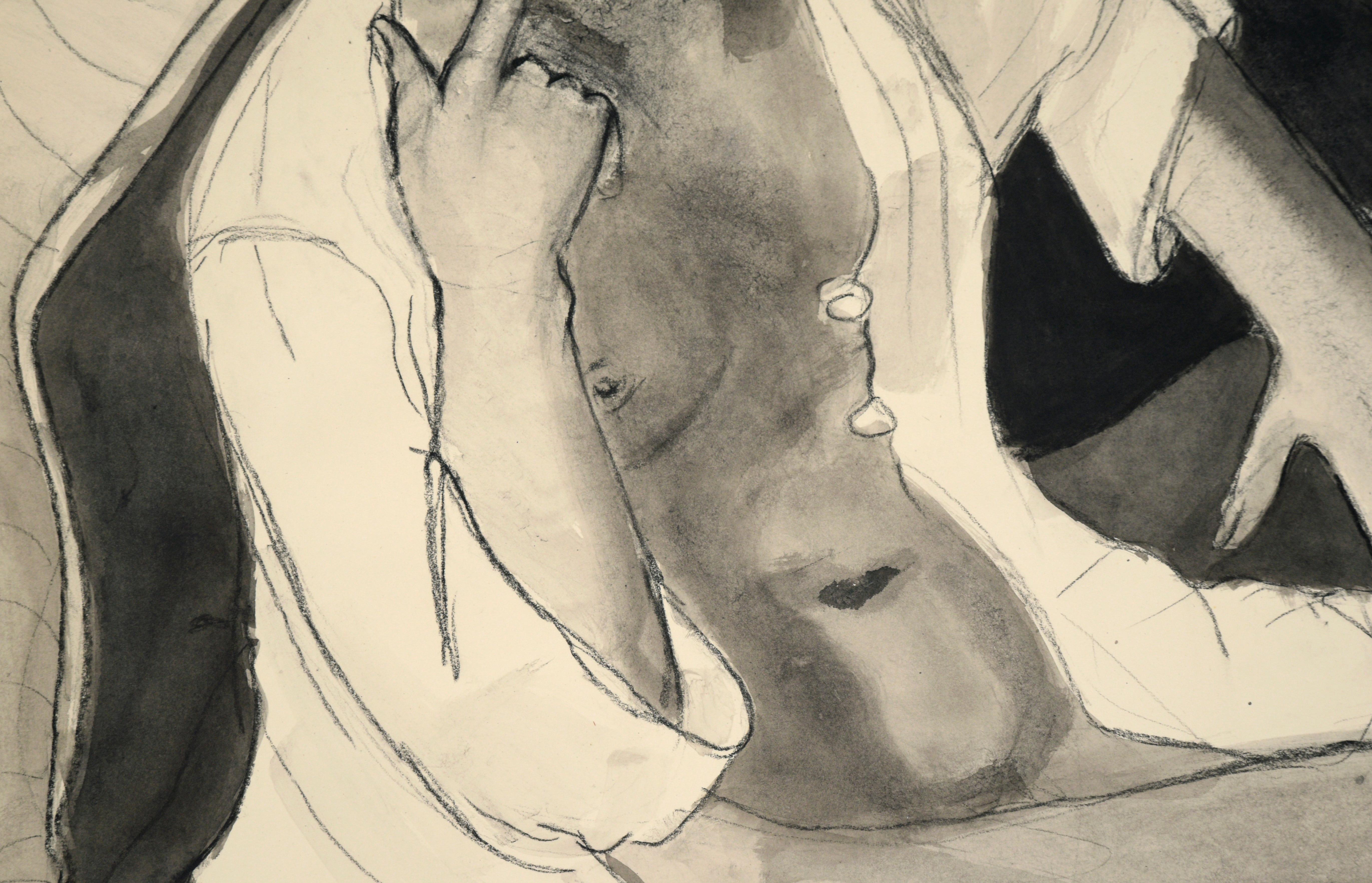 Model with Unbuttoned Blouse in Ink and Charcoal on Paper For Sale 1