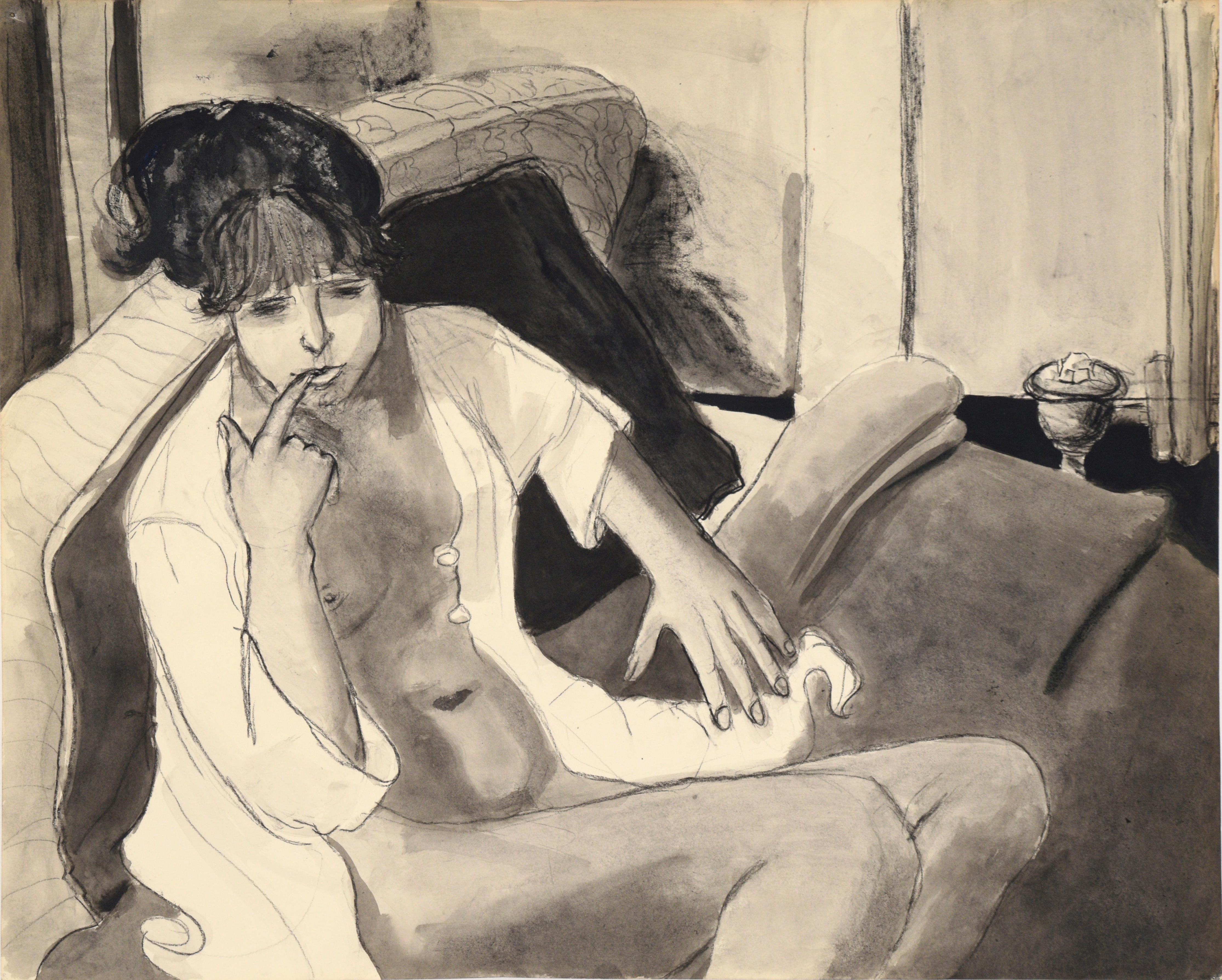Katherine Kallick Figurative Painting - Model with Unbuttoned Blouse in Ink and Charcoal on Paper
