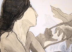 Monochromes Porträt einer Frau in Tusche und Gouache auf Papier