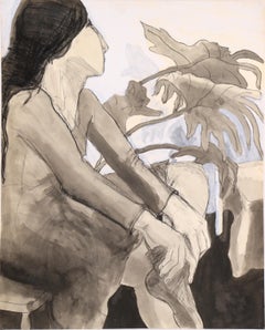 Monochromes Porträt einer Frau in Tusche und Gouache auf Papier