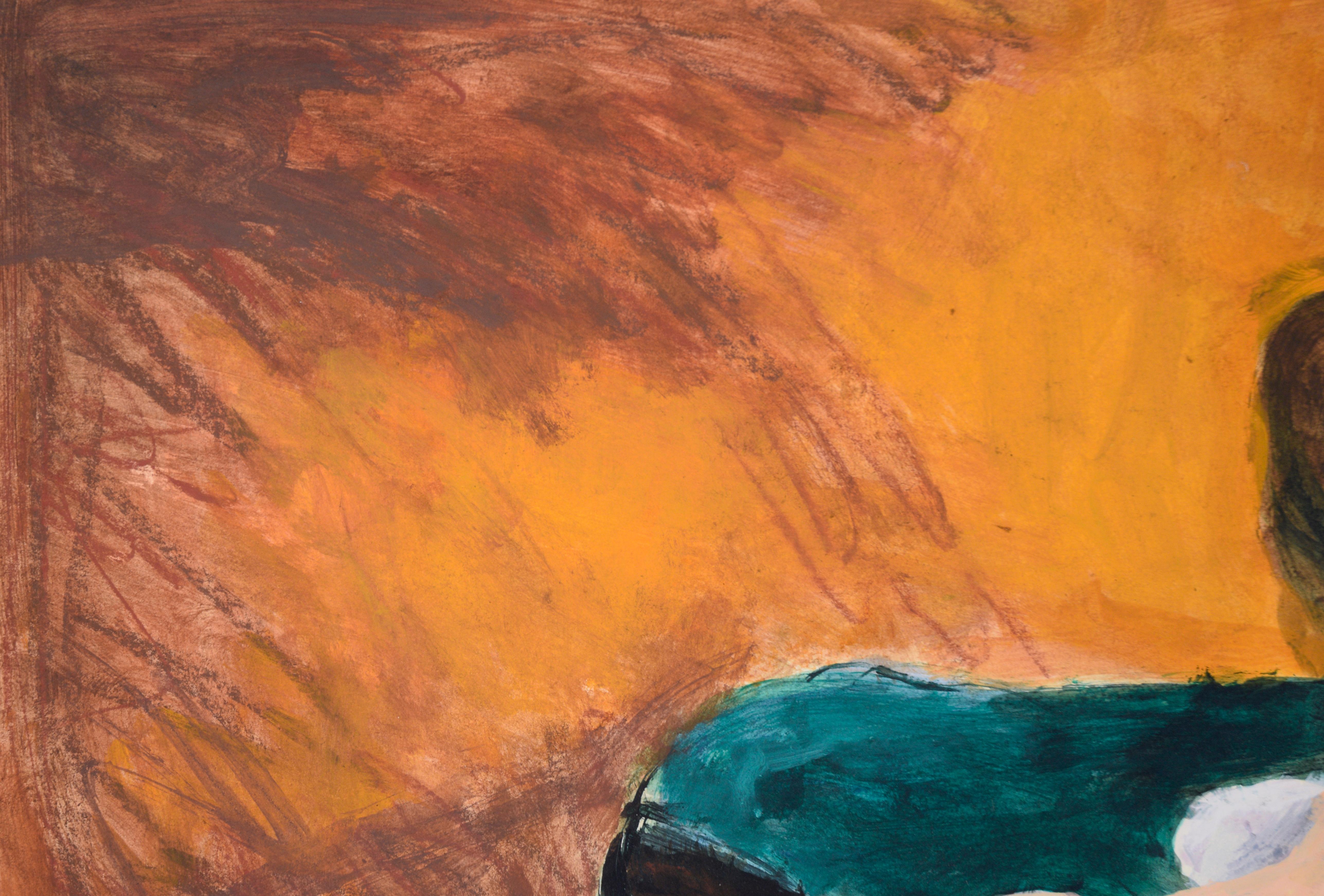 Aktmodell auf einem weißen und blauen Bett in Acryl auf Papier – Painting von Katherine Kallick