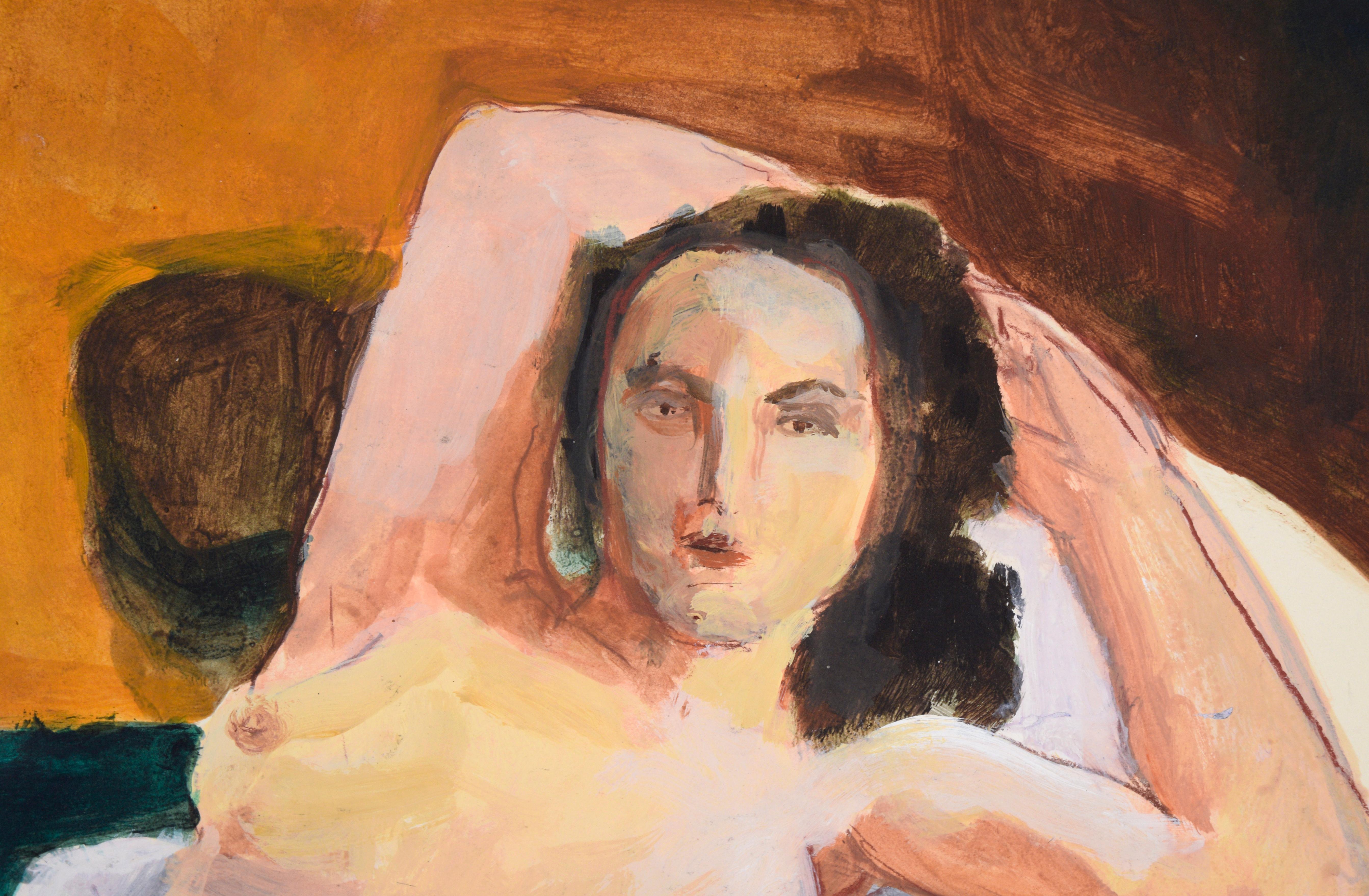 Aktmodell auf einem weißen und blauen Bett in Acryl auf Papier (Französische Schule), Painting, von Katherine Kallick