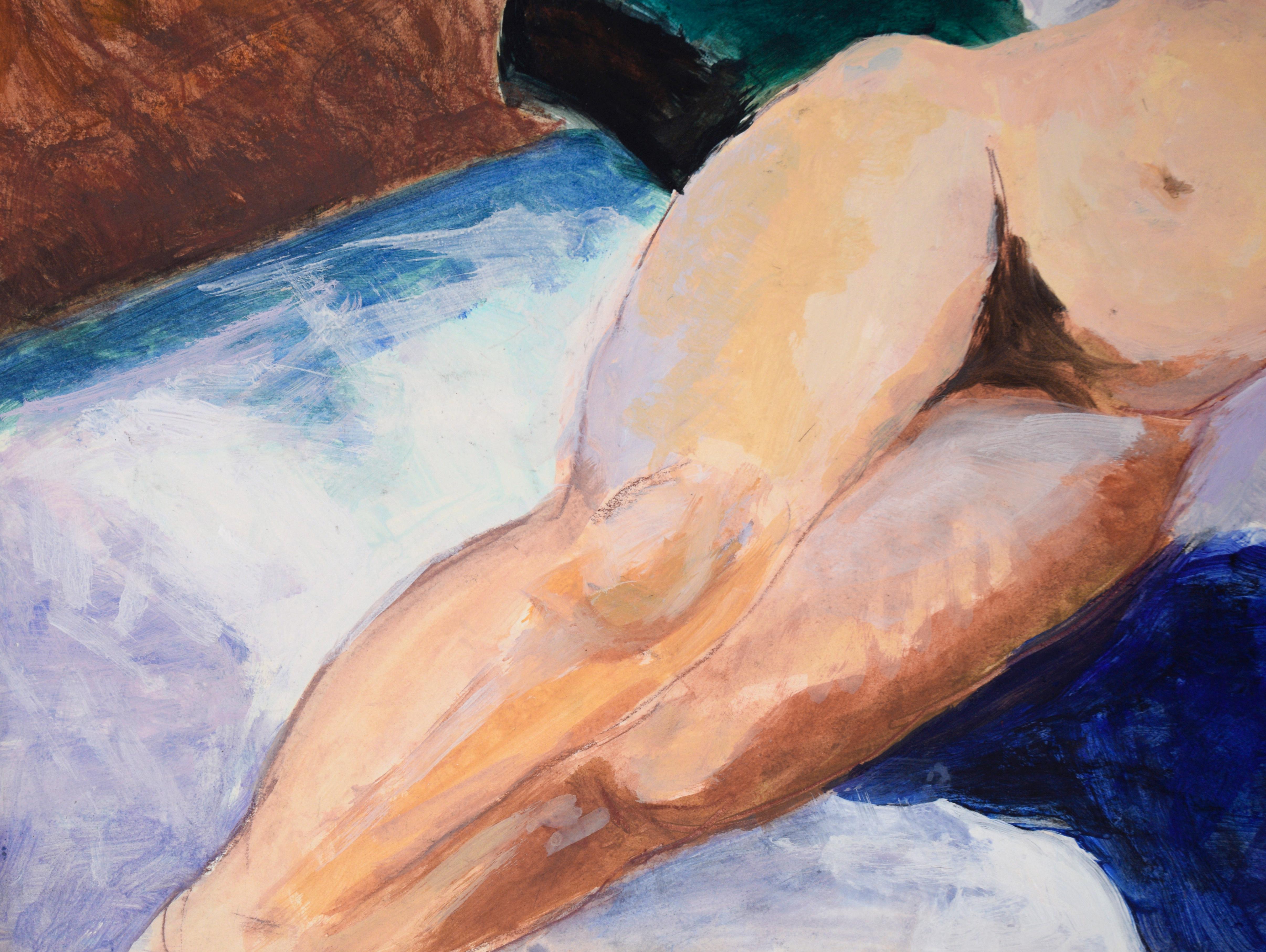 Aktmodell auf einem weißen und blauen Bett in Acryl auf Papier im Angebot 1