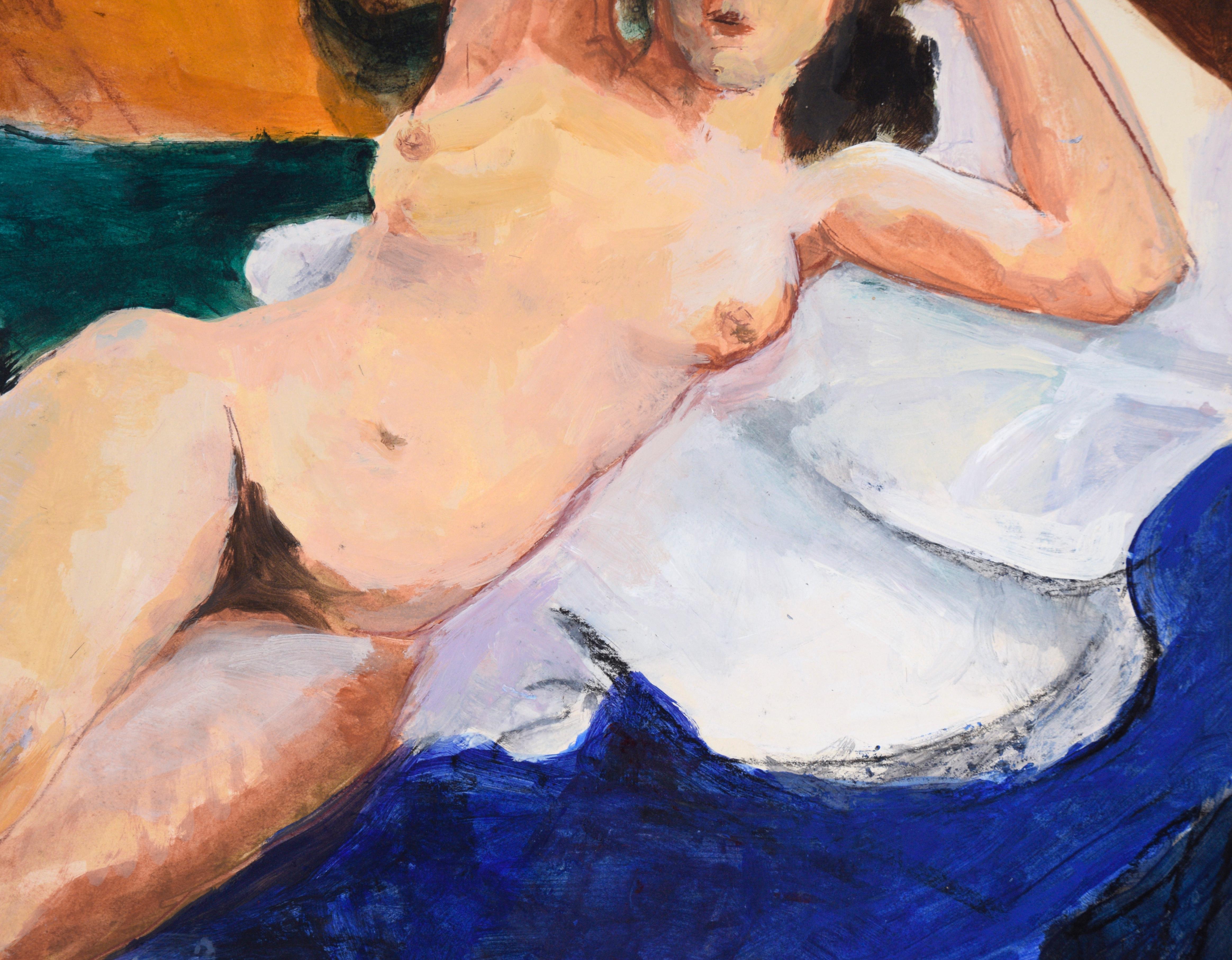 Aktmodell auf einem weißen und blauen Bett in Acryl auf Papier im Angebot 2