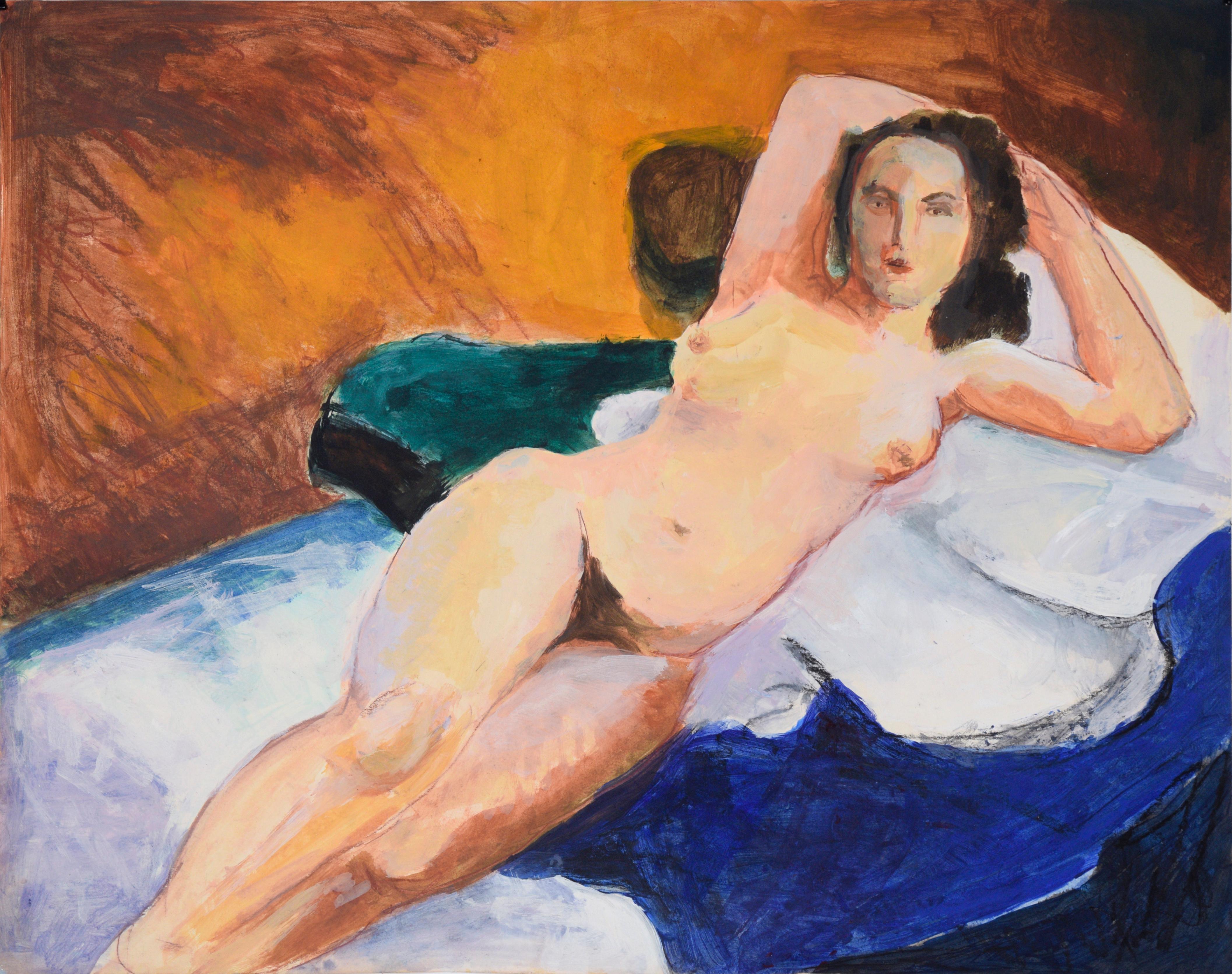 Nude Model on a White and Blue Bed in Acrylic on Paper