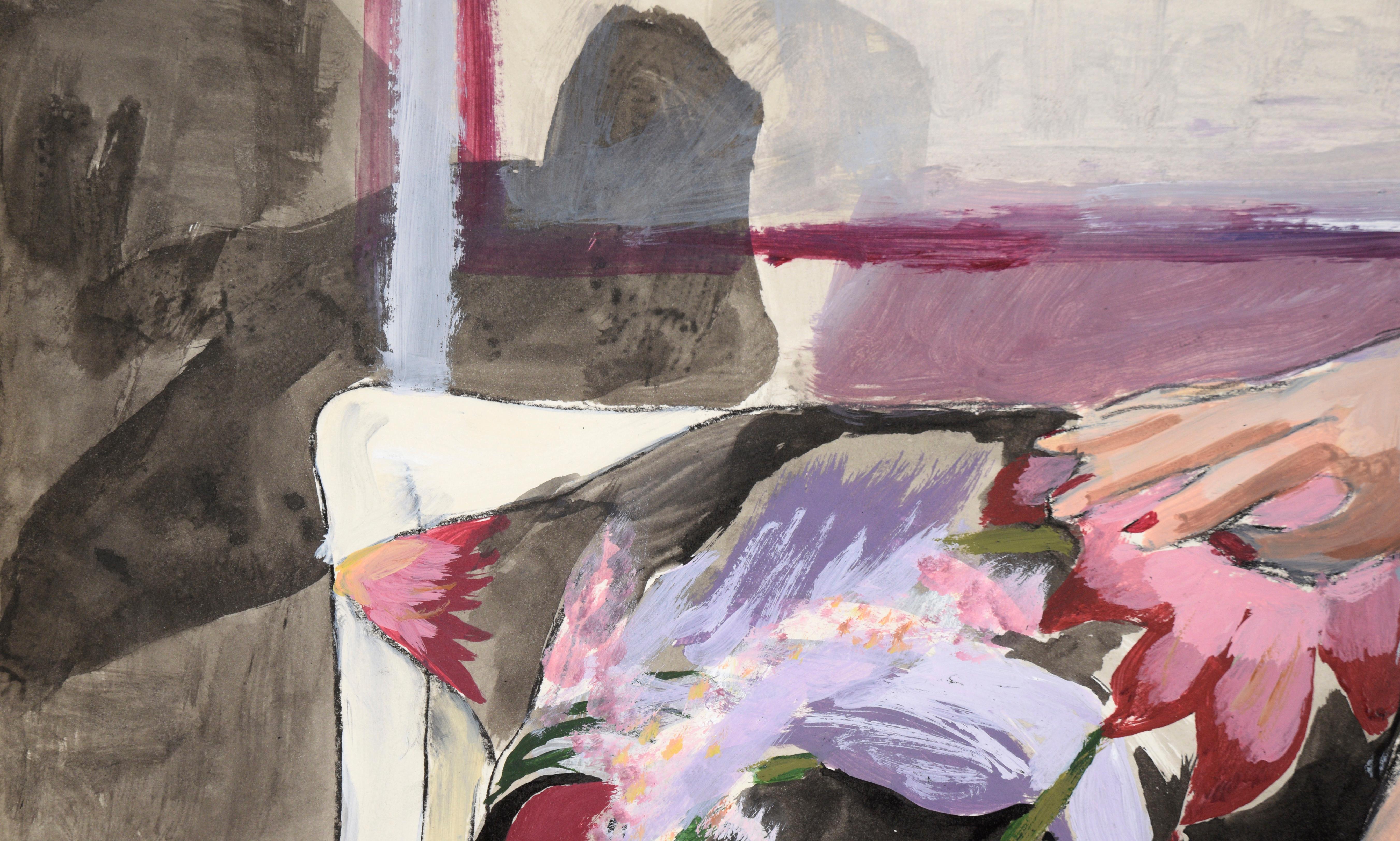 Nu sur couverture florale, derrière en acrylique sur papier - Painting de Katherine Kallick