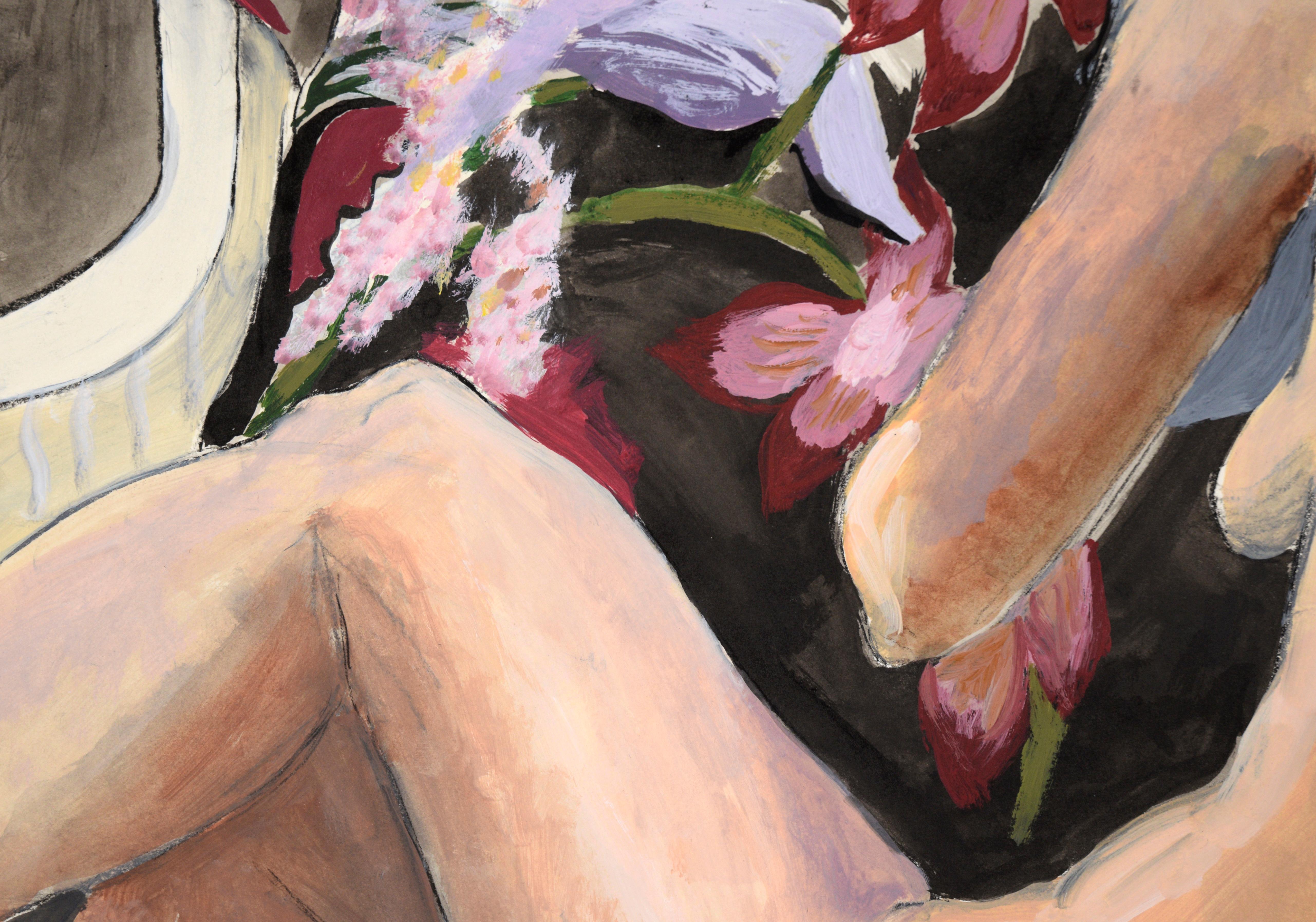 Nu sur couverture florale, derrière en acrylique sur papier

Peinture lumineuse d'une femme nue par la célèbre musicienne de bluegrass Katherine 
