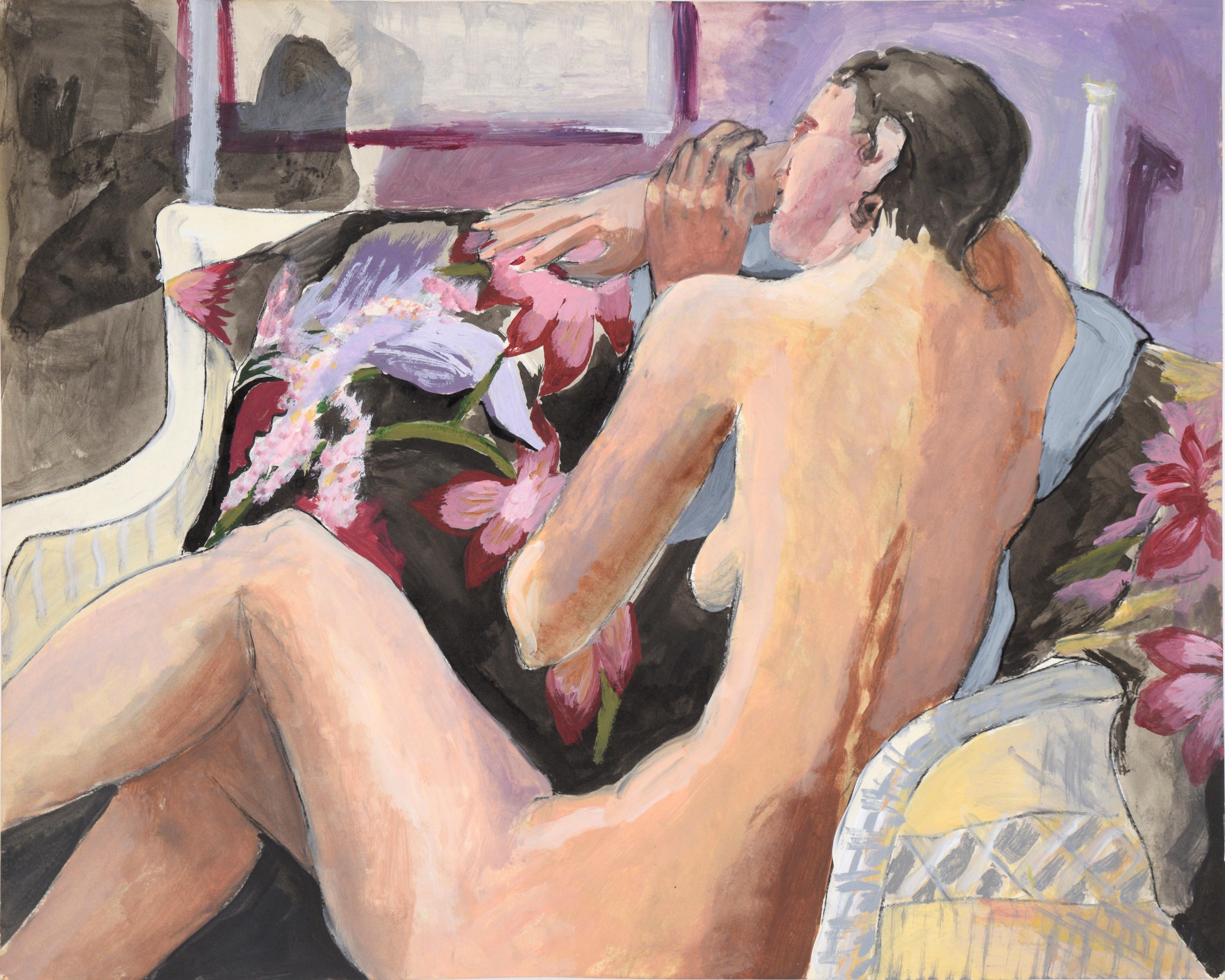 Katherine Kallick Figurative Painting - Nude on Floral Blanket, From Behind in Acrylic on Paper