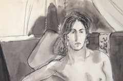 Nude Woman on Striped Chair #1 in Charcoal and Gouache on Paper