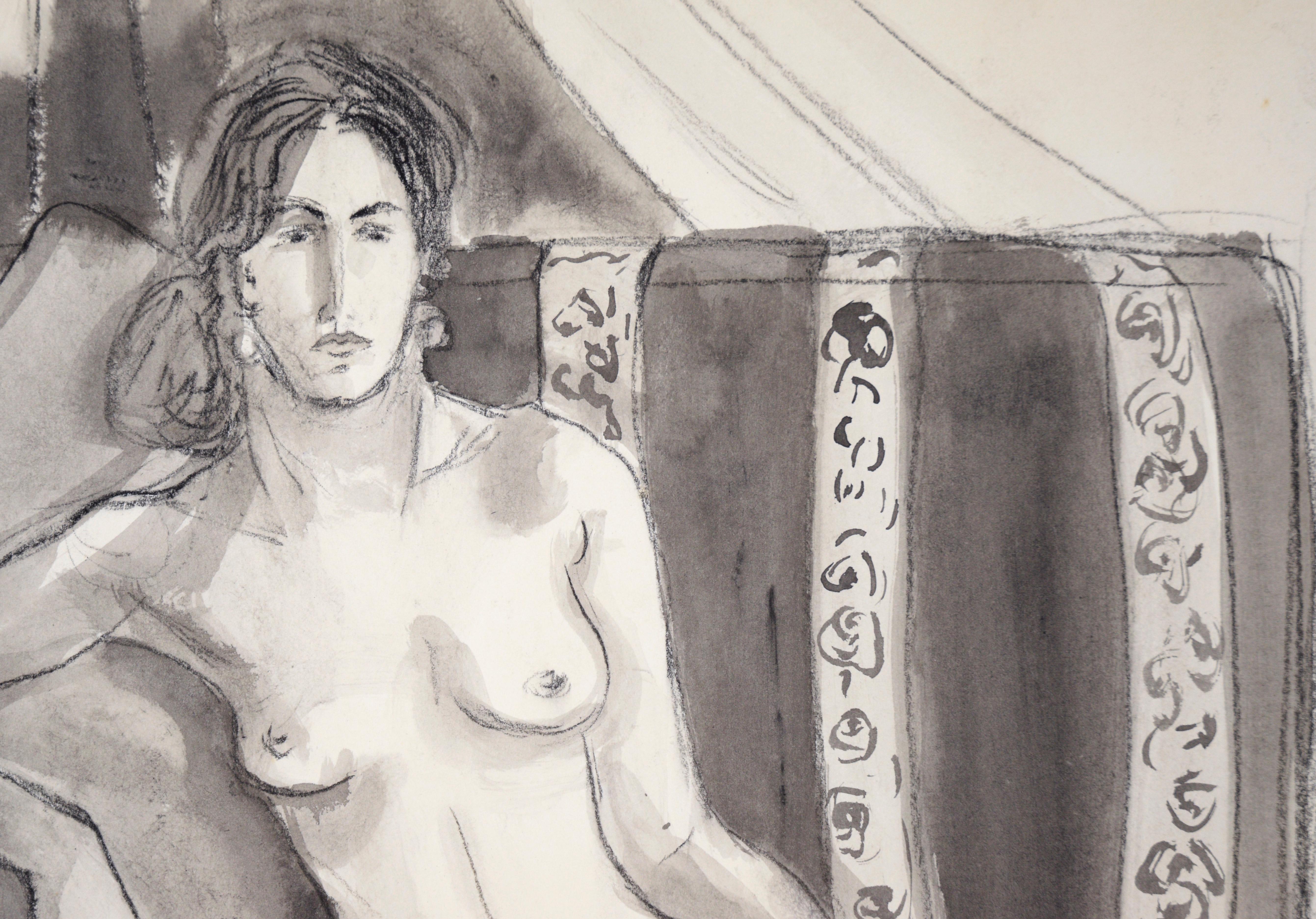 Nude Woman on Striped Chair #1 in Charcoal and Gouache on Paper - Contemporary Painting by Katherine Kallick