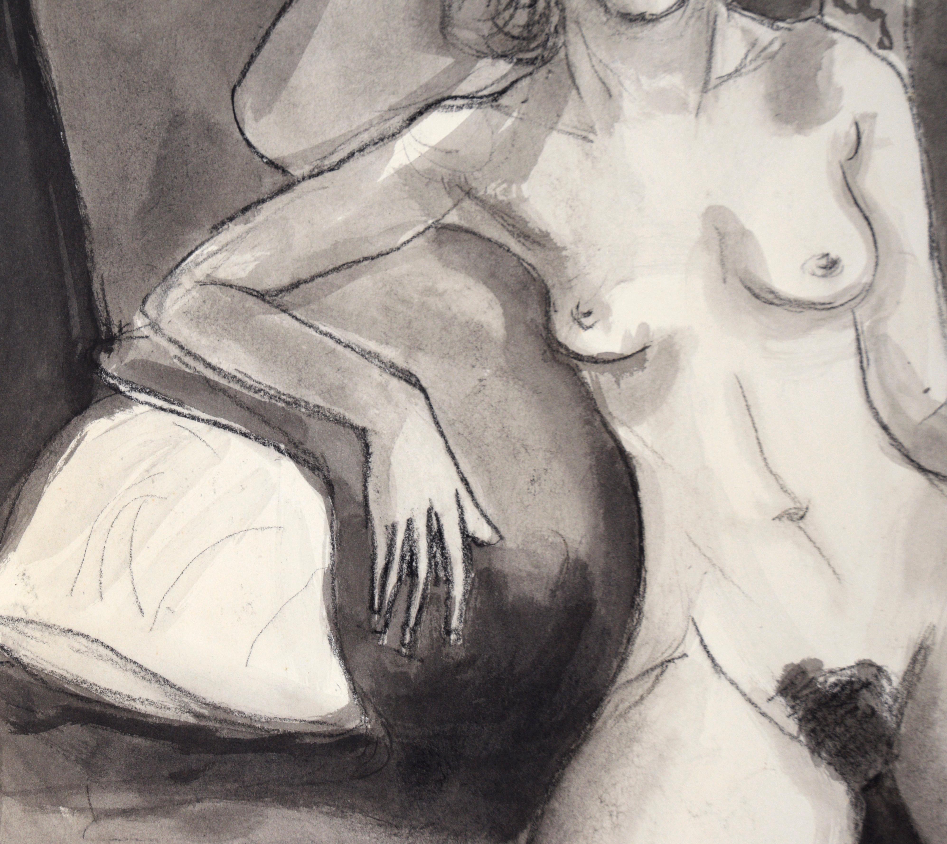 Nude Woman on Striped Chair #1 in Charcoal and Gouache on Paper

Black and white painting of a woman by acclaimed bluegrass musician Katherine 
