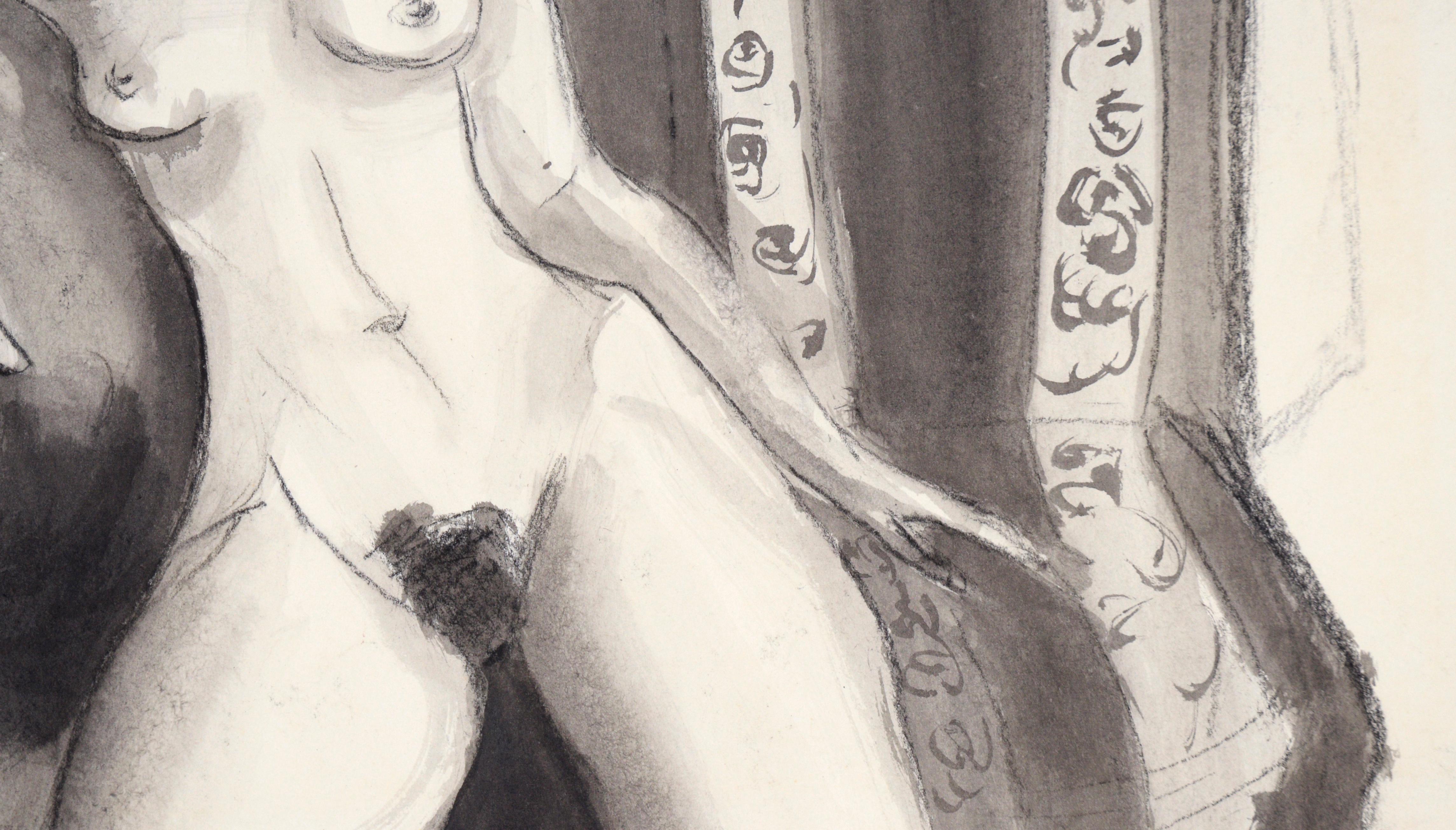 Nude Woman on Striped Chair #1 in Charcoal and Gouache on Paper For Sale 1