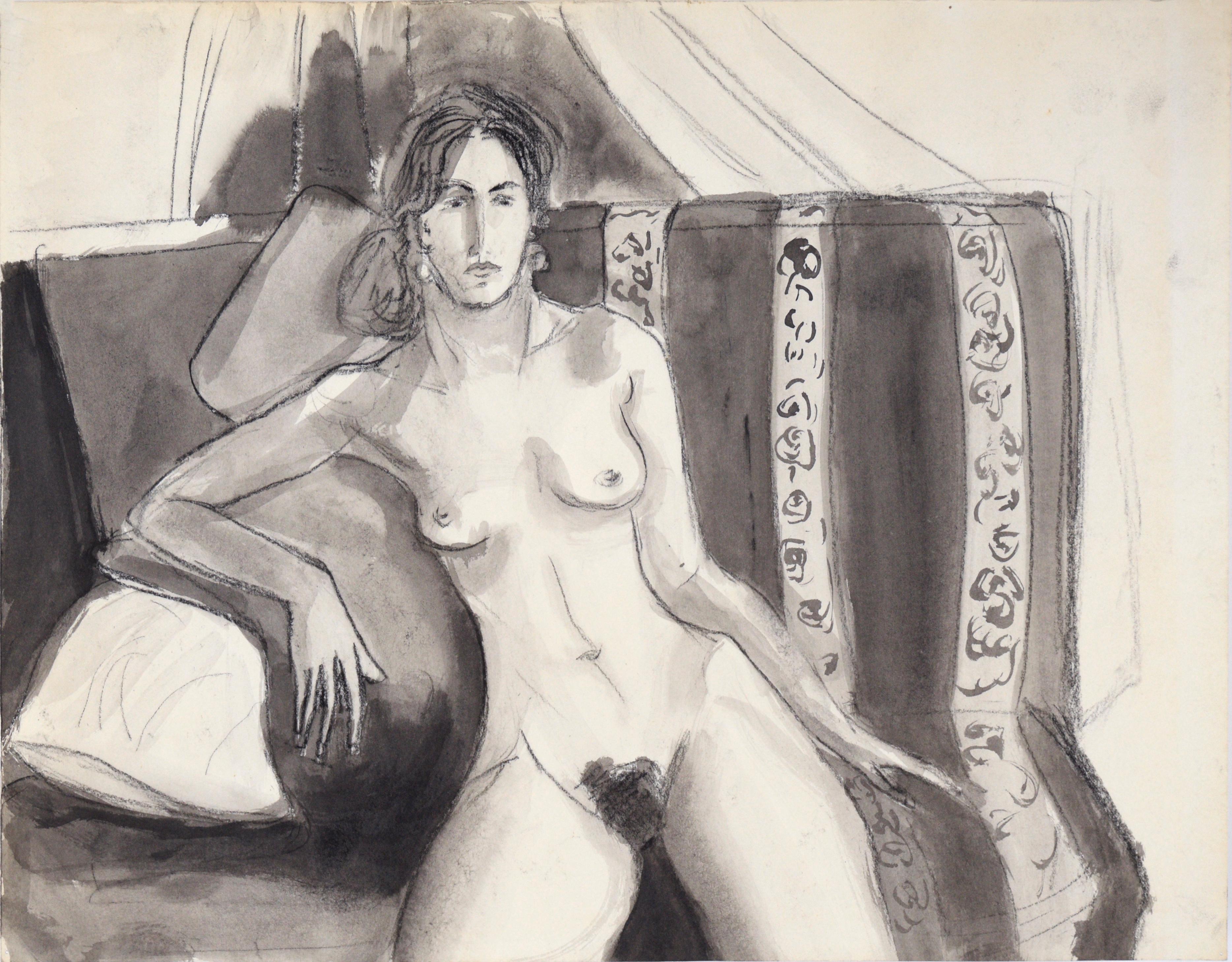 Katherine Kallick Nude Painting – Akt Frau auf gestreiftem Stuhl #1 in Holzkohle und Gouache auf Papier