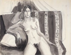 Used Nude Woman on Striped Chair #1 in Charcoal and Gouache on Paper