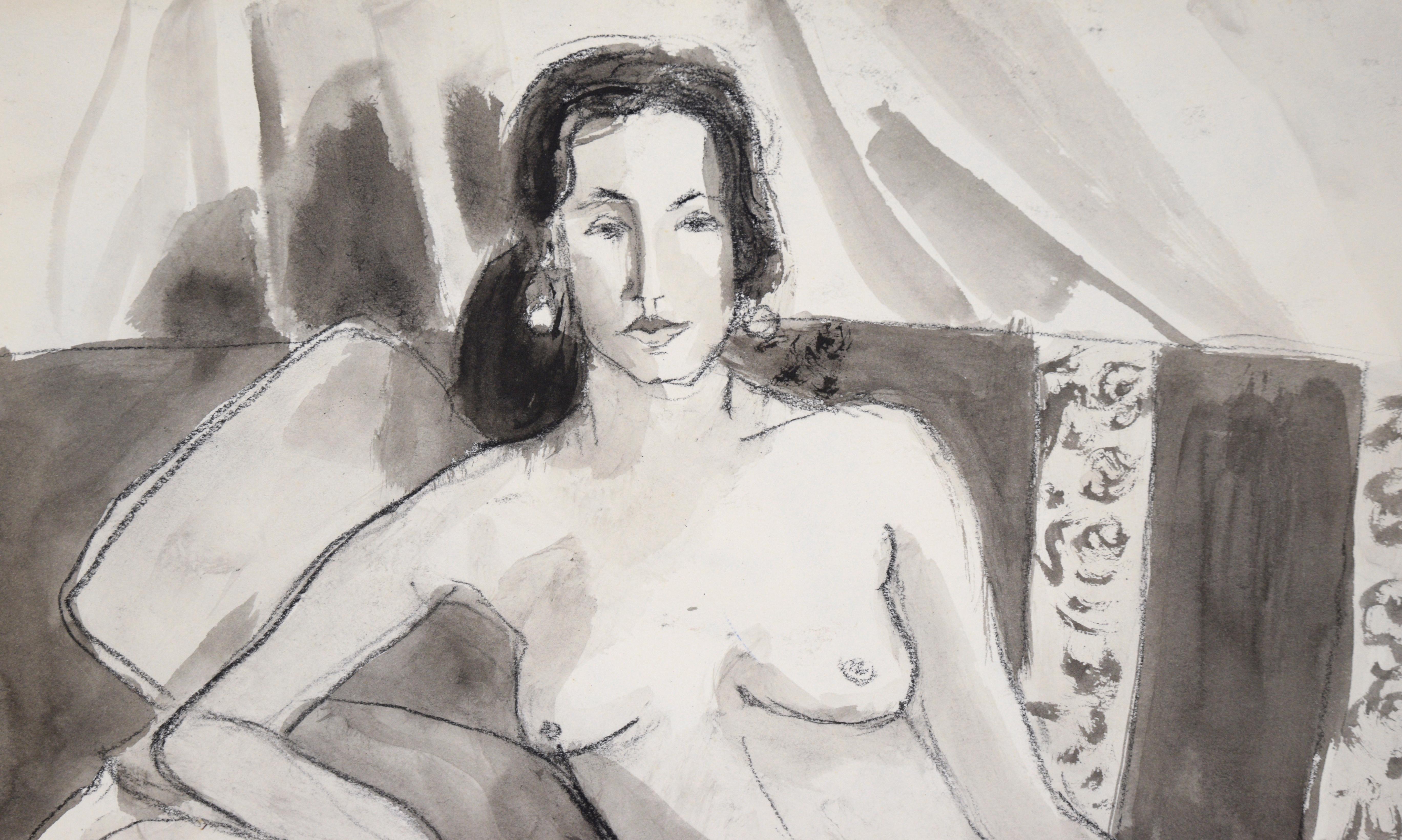 Nude Woman on Striped Chair #2 in Charcoal and Gouache on Paper - Painting by Katherine Kallick