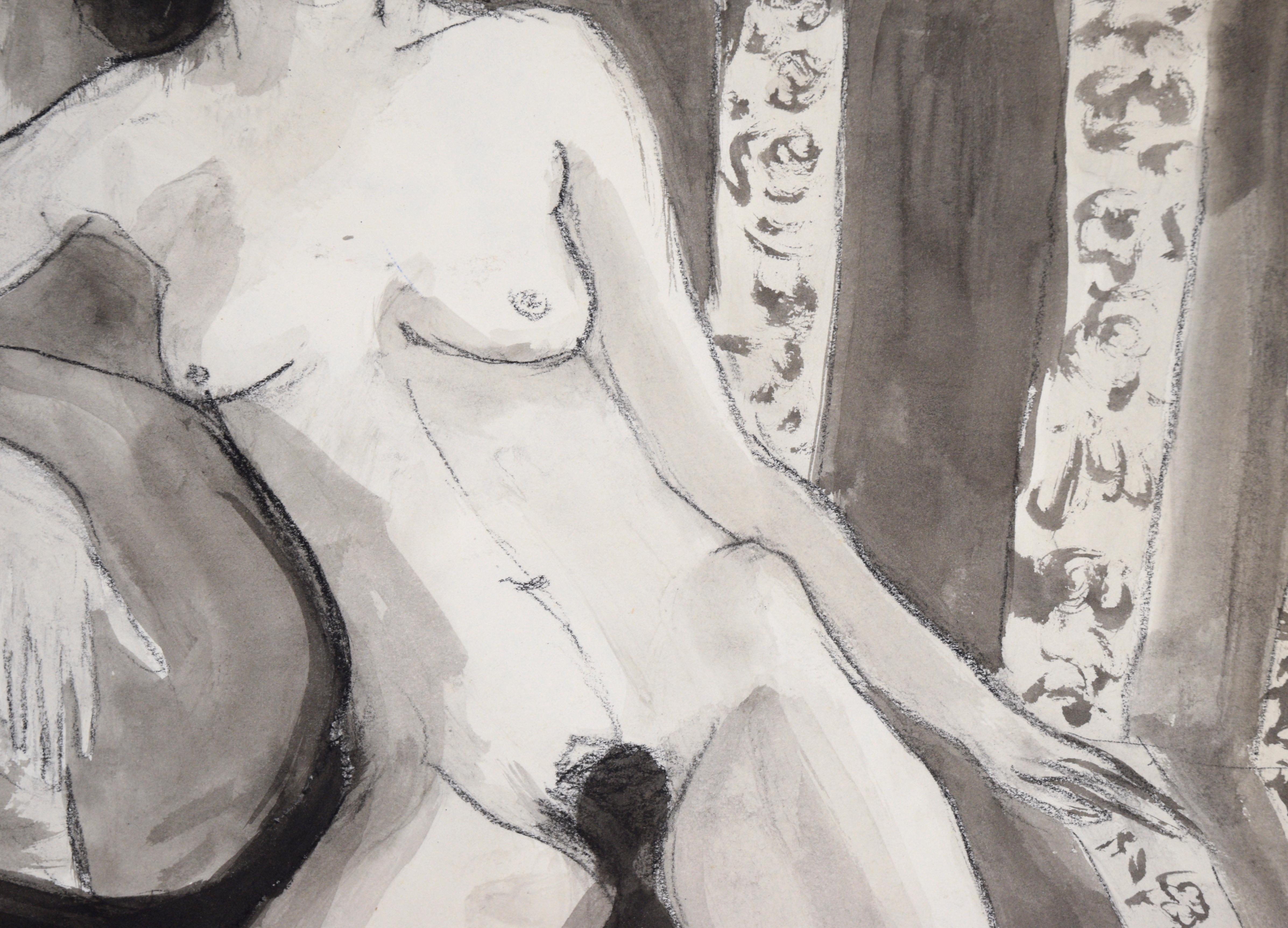 Nude Woman on Striped Chair #2 in Charcoal and Gouache on Paper - Contemporary Painting by Katherine Kallick