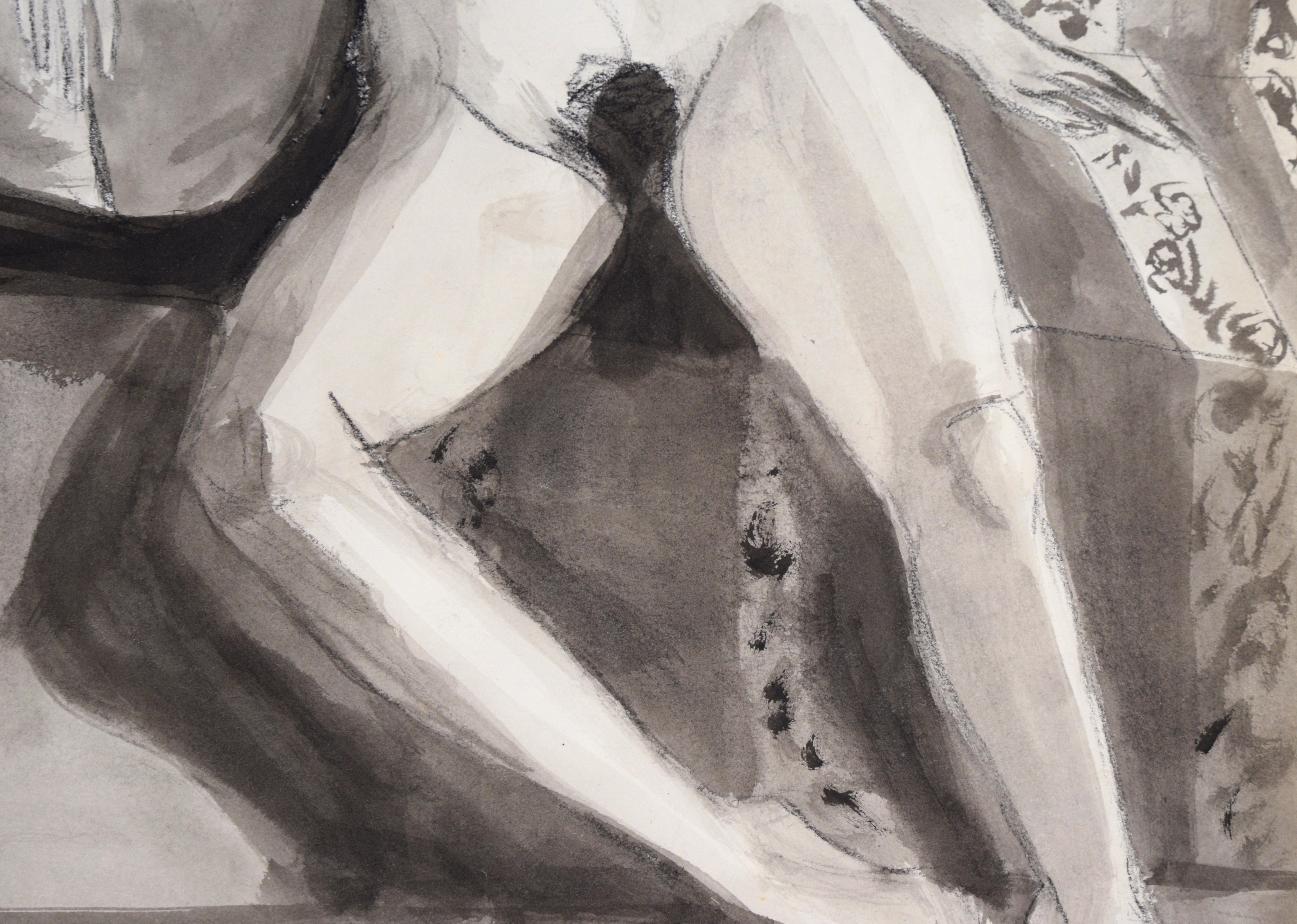 Nude Woman on Striped Chair #2 in Charcoal and Gouache on Paper For Sale 1