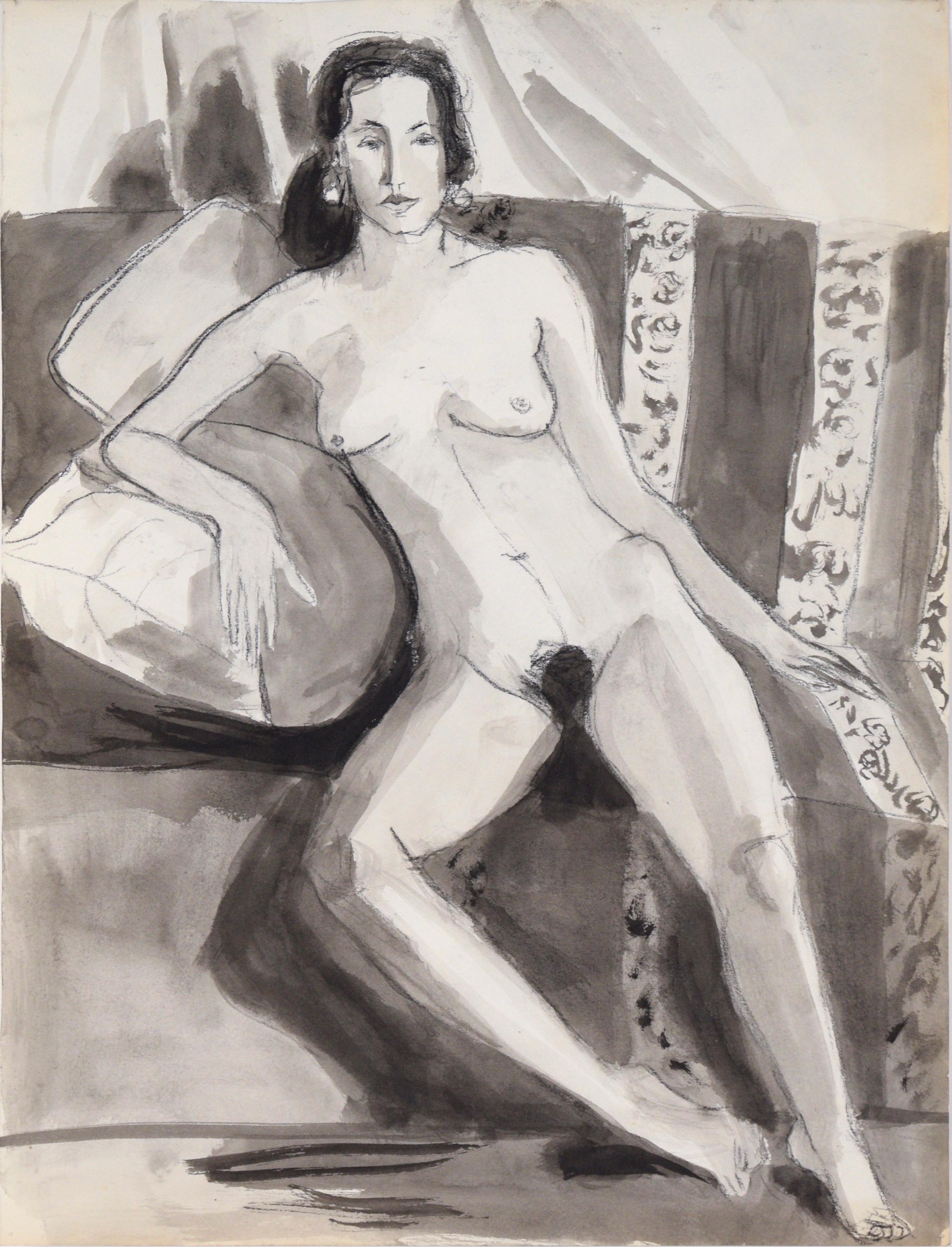 Katherine Kallick Figurative Painting - Nude Woman on Striped Chair #2 in Charcoal and Gouache on Paper