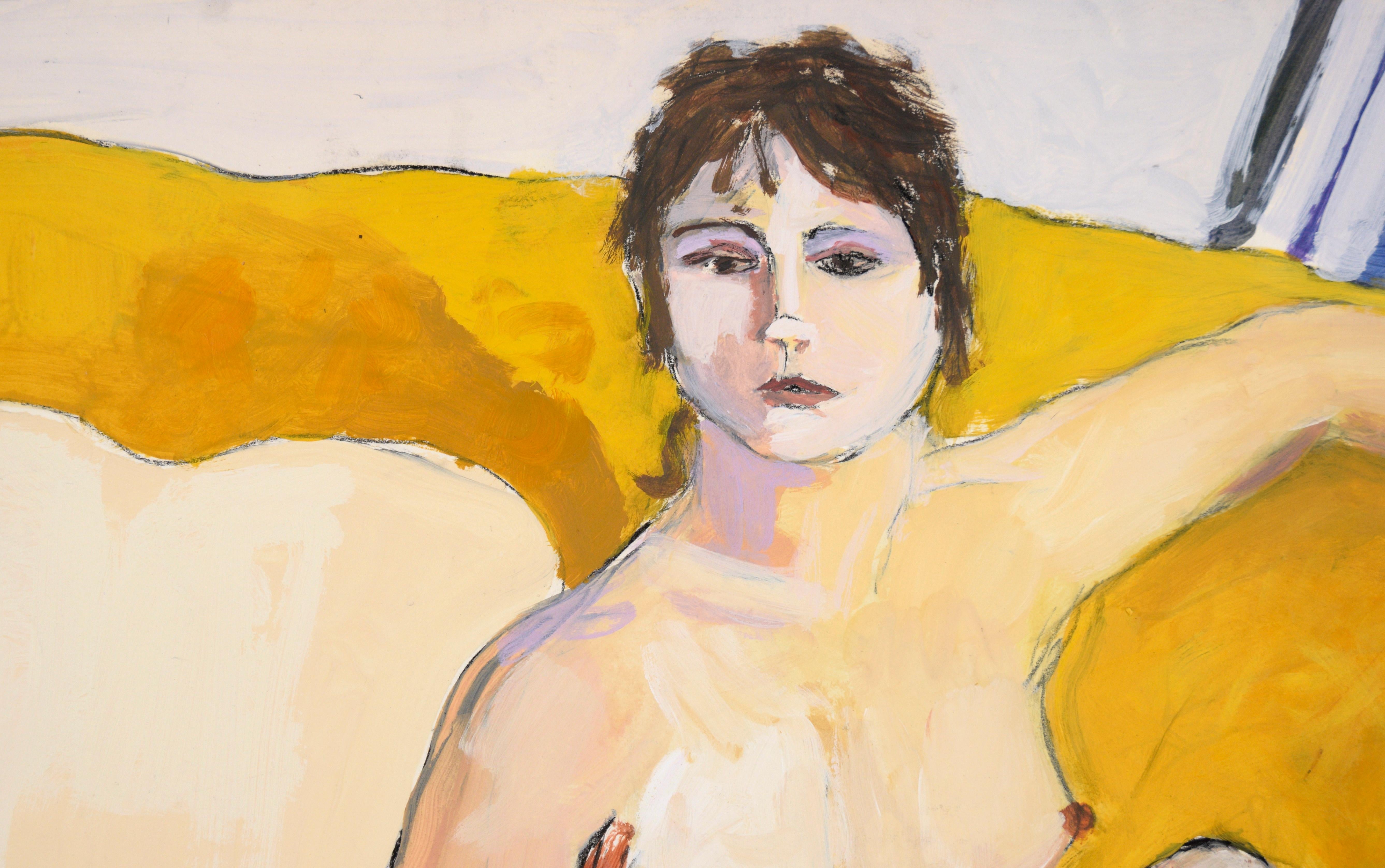 Nude Woman on Yellow Couch in Acrylic on Paper - Painting by Katherine Kallick