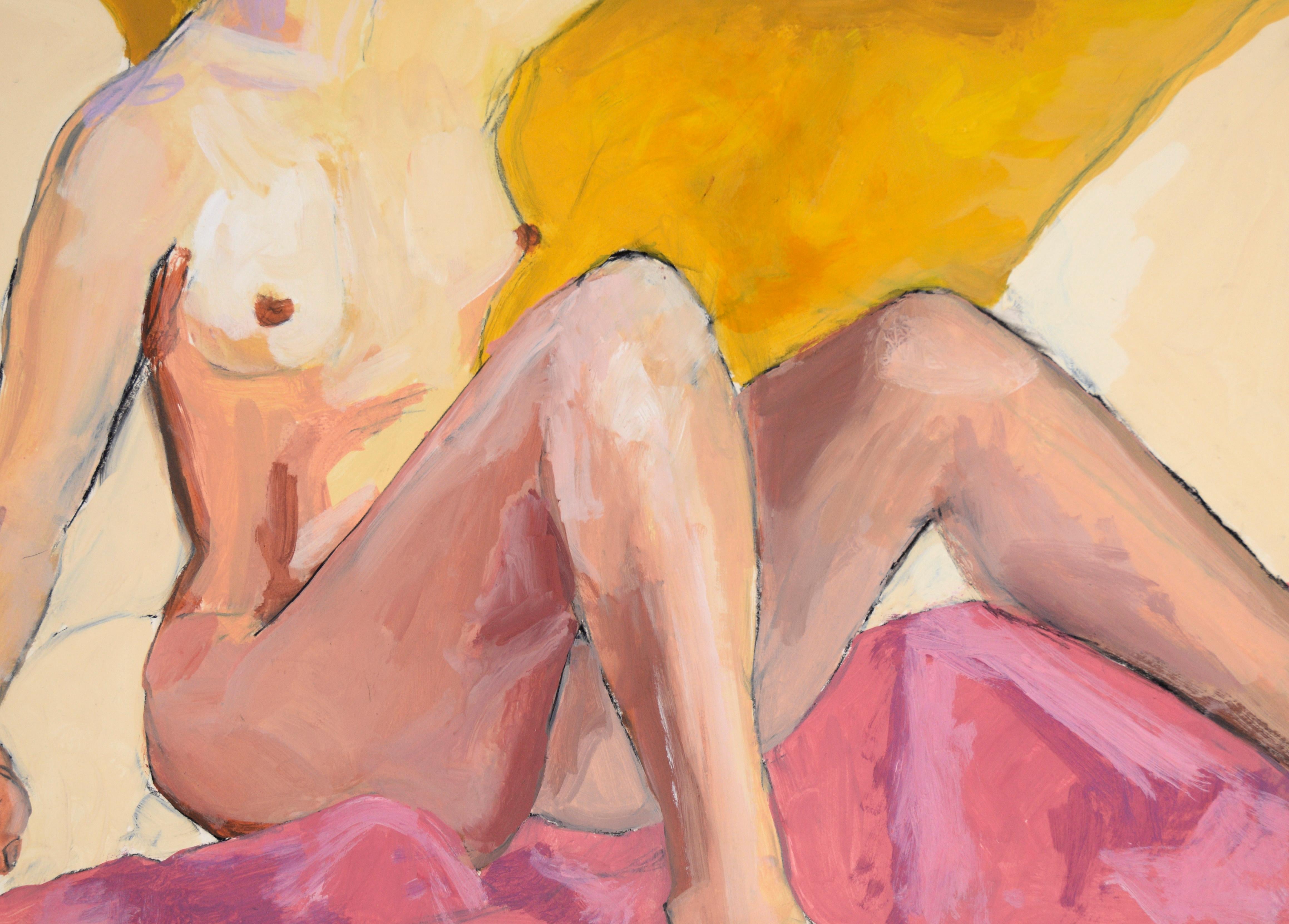 Nude Woman on Yellow Couch and Blanket in Acrylic on Paper

Bright painting of a nude woman by acclaimed bluegrass musician Katherine 