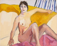 Retro Nude Woman on Yellow Couch in Acrylic on Paper