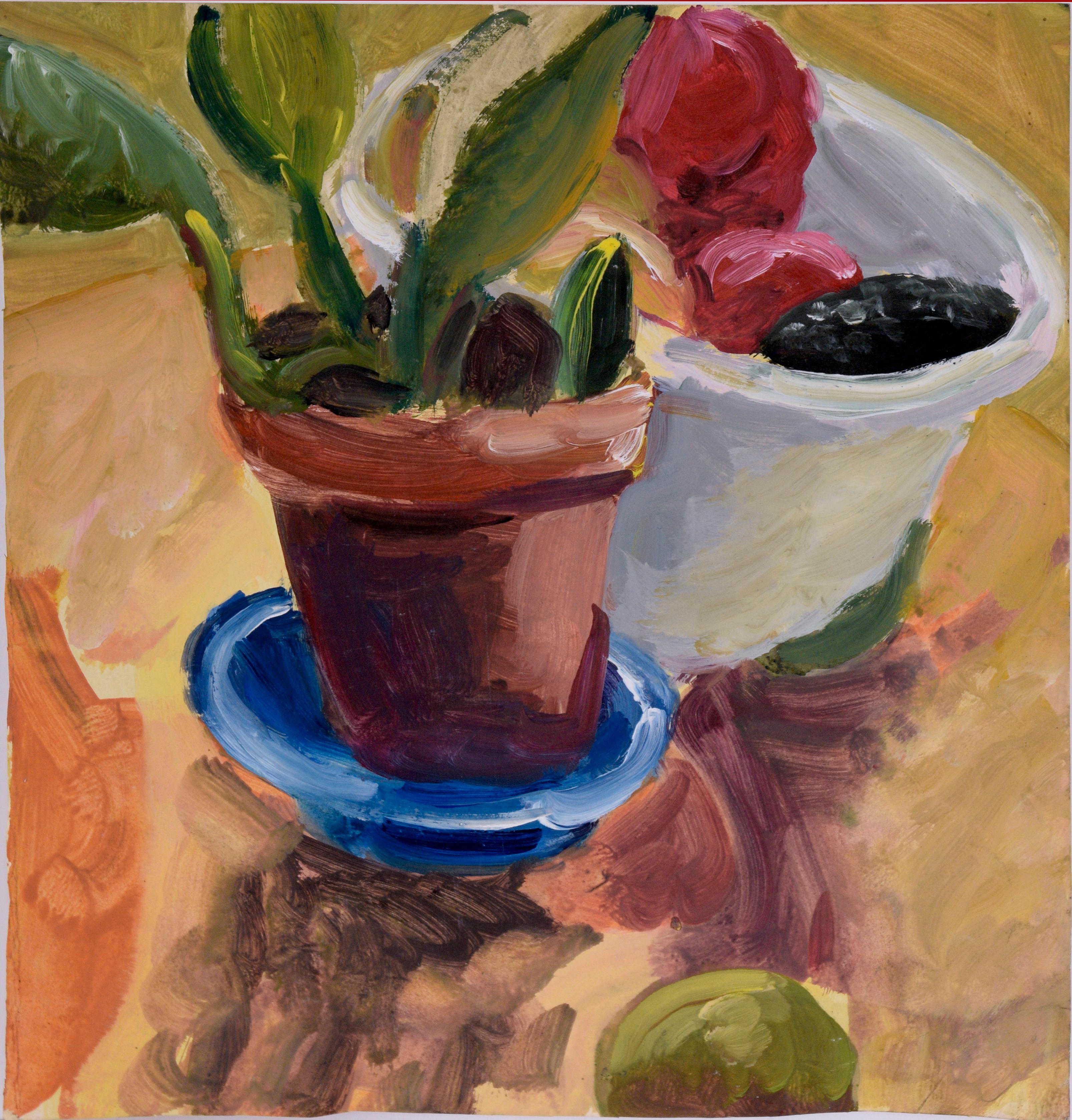 Katherine Kallick Still-Life Painting - Peace Lily Still Life in Terra Cotta - Acrylic on Paper