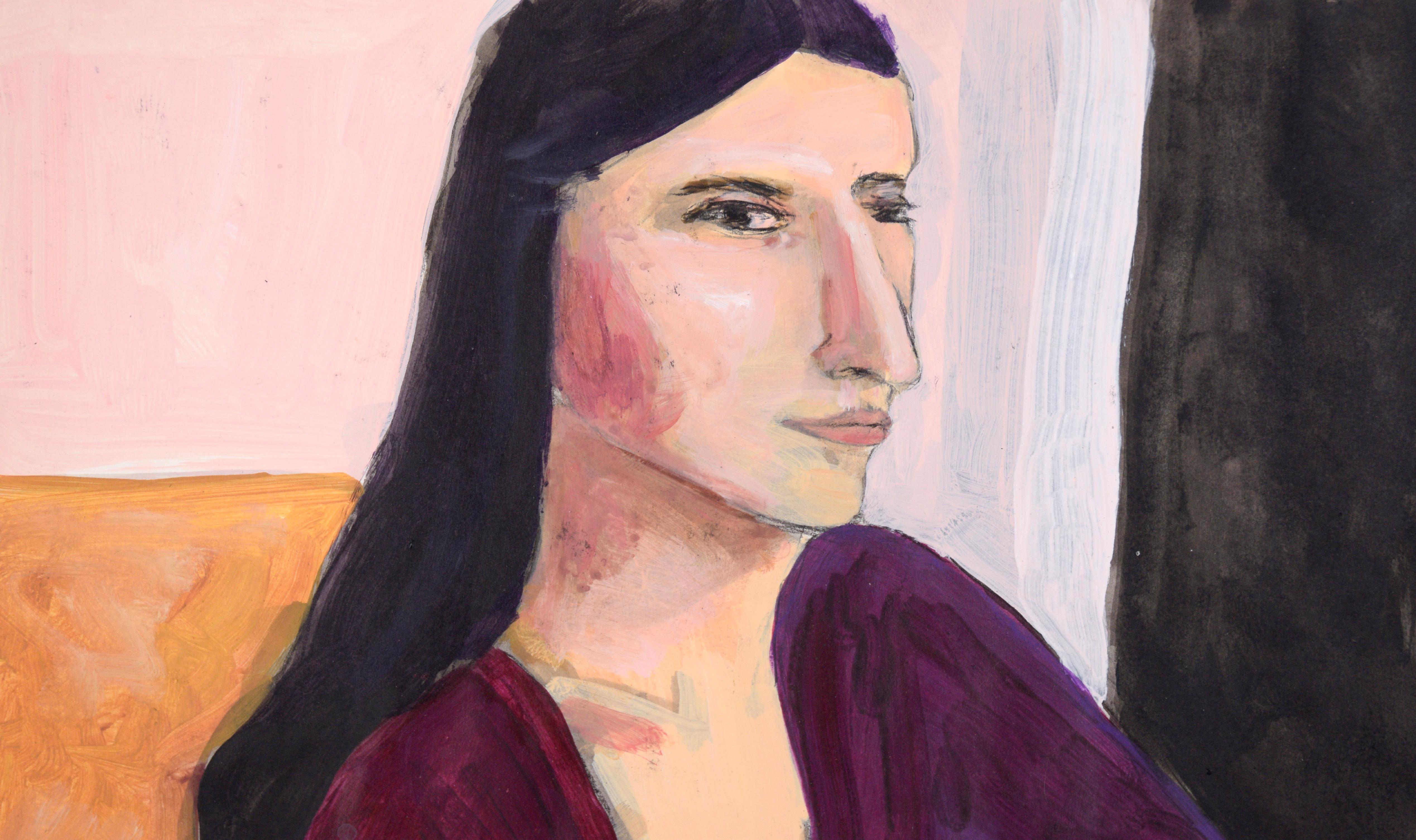 Portrait of a Woman with Dark Hair in a Purple Dress in Acrylic on Paper - Painting by Katherine Kallick