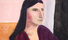 Portrait of a Woman with Dark Hair in a Purple Dress in Acrylic on Paper