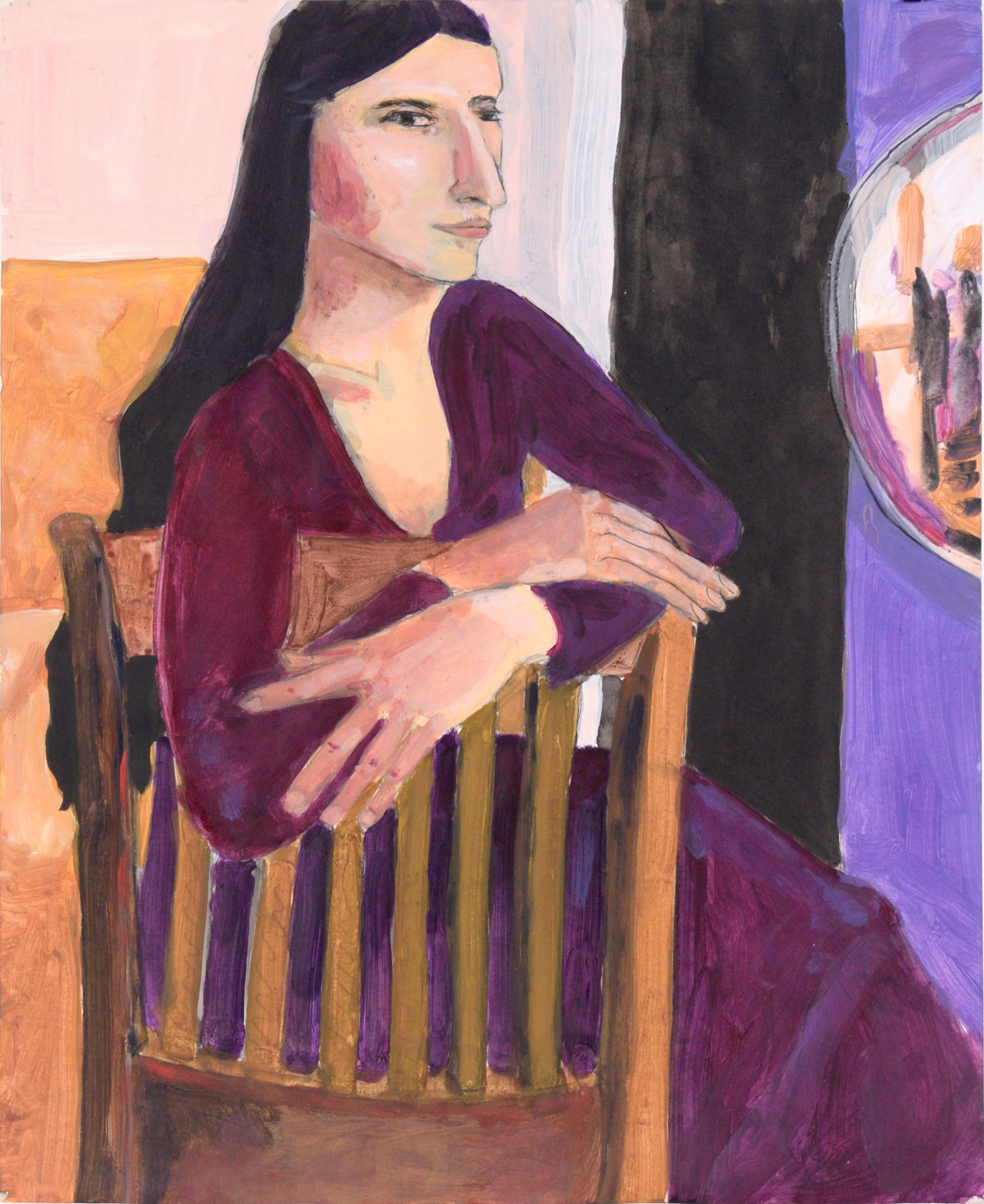 Katherine Kallick Figurative Painting - Portrait of a Woman with Dark Hair in a Purple Dress in Acrylic on Paper