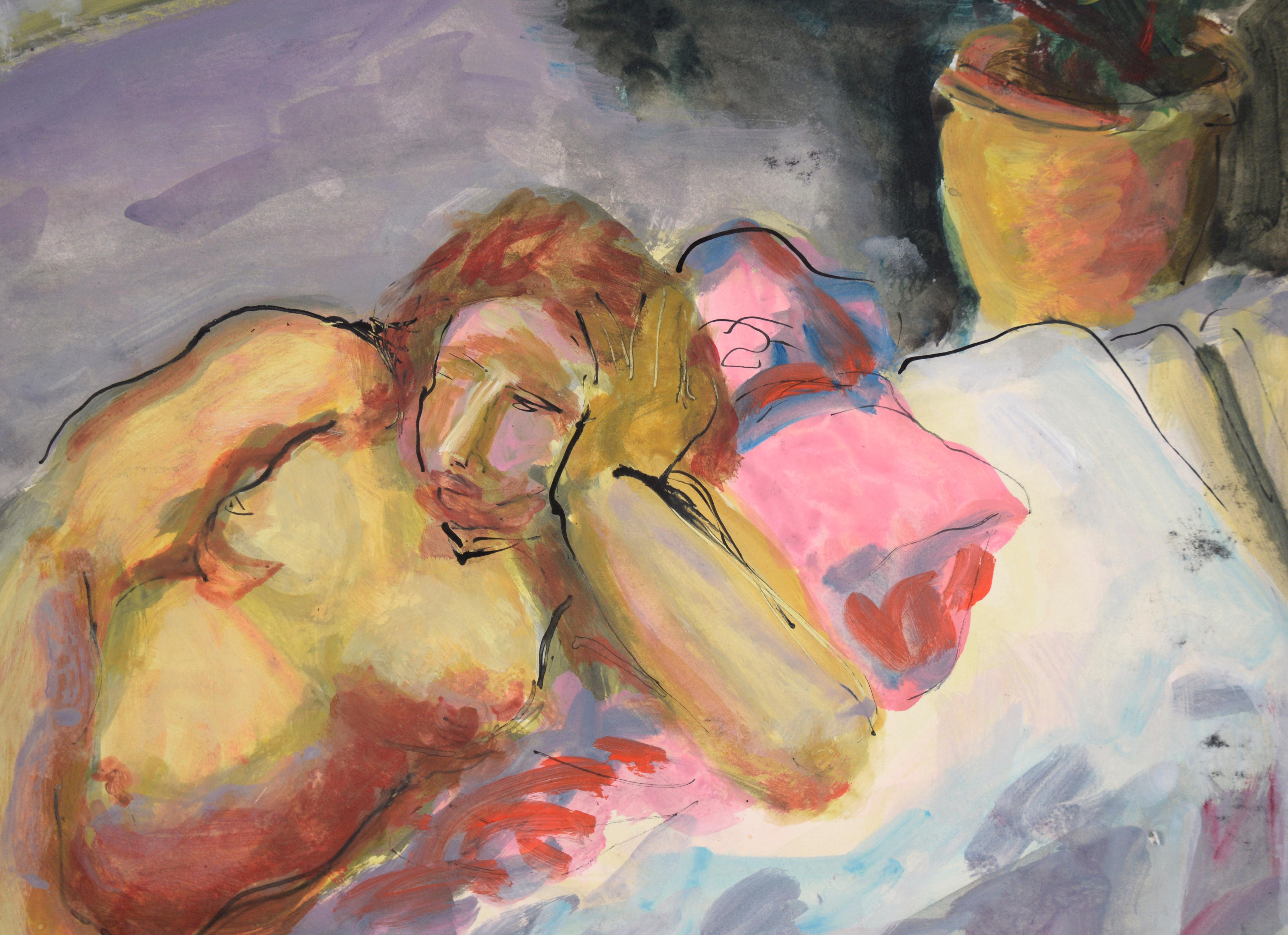Reclining Nude Model in Acrylic on Paper For Sale 1