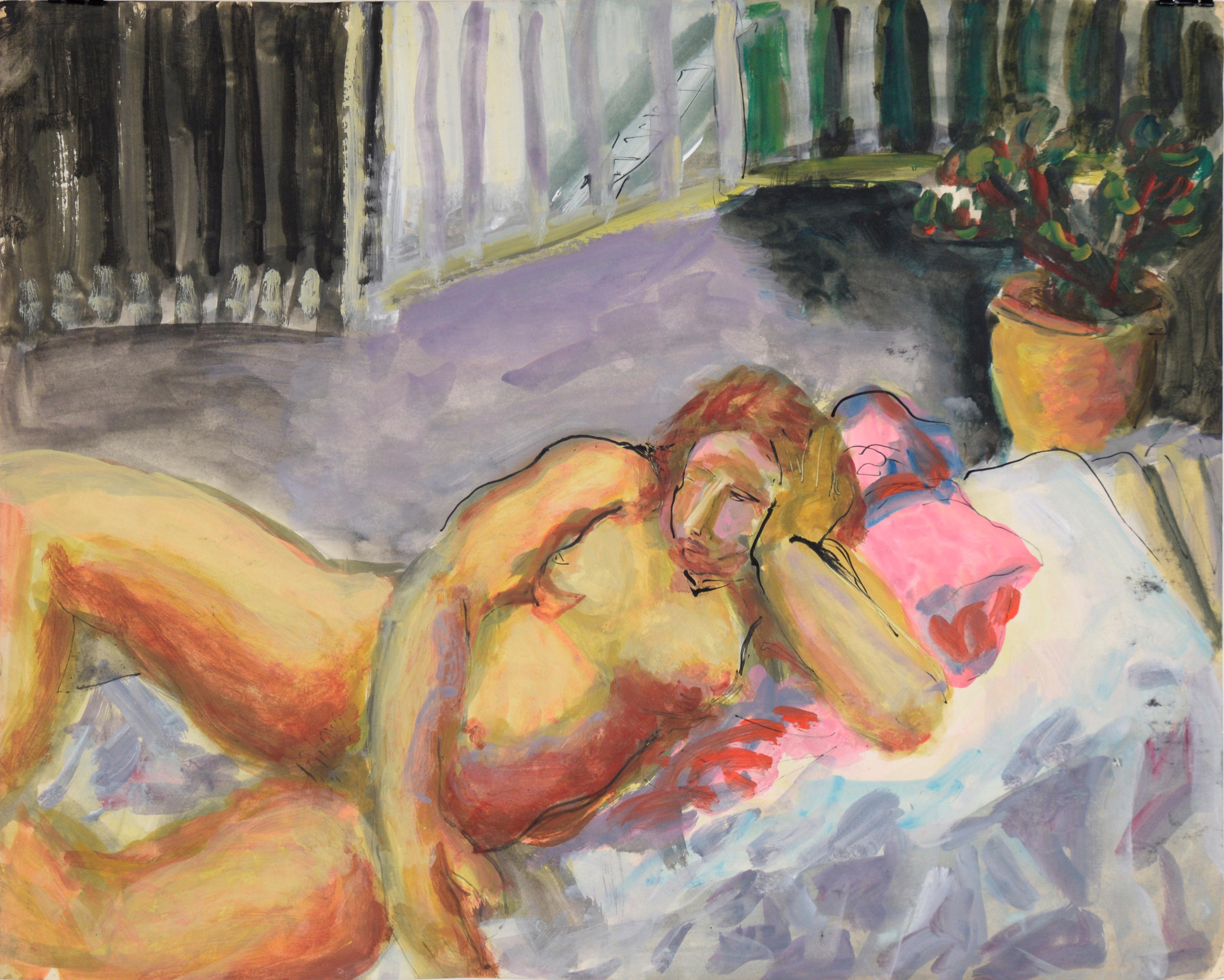 Figurative Painting di Katherine Kallick - Modello nudo reclinato in acrilico su carta