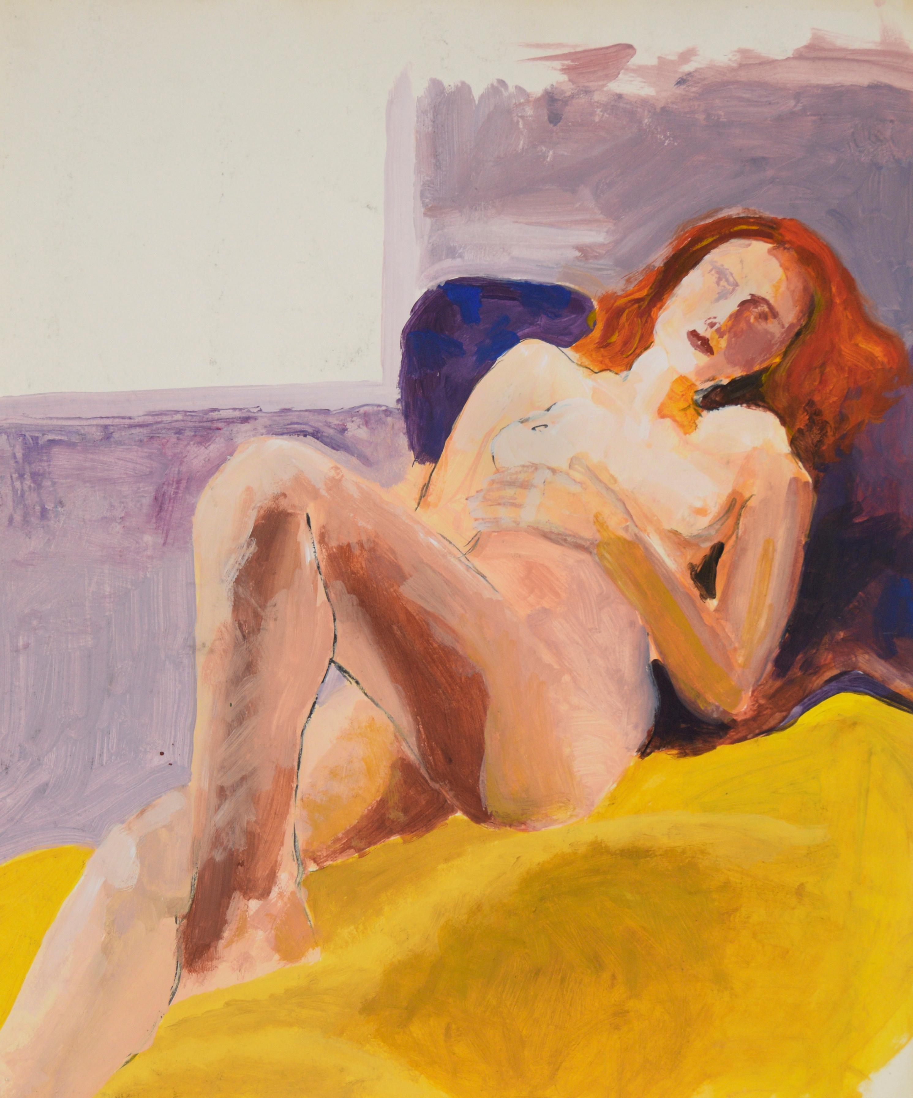 Redhead On A Yellow Blanket - Original Figurative Nude Study

Original San Francisco figurative nude painting depicting a redhead model laying on a yellow blanket. Her hand lays over her chest, with her right leg bent. A purple background contrasts
